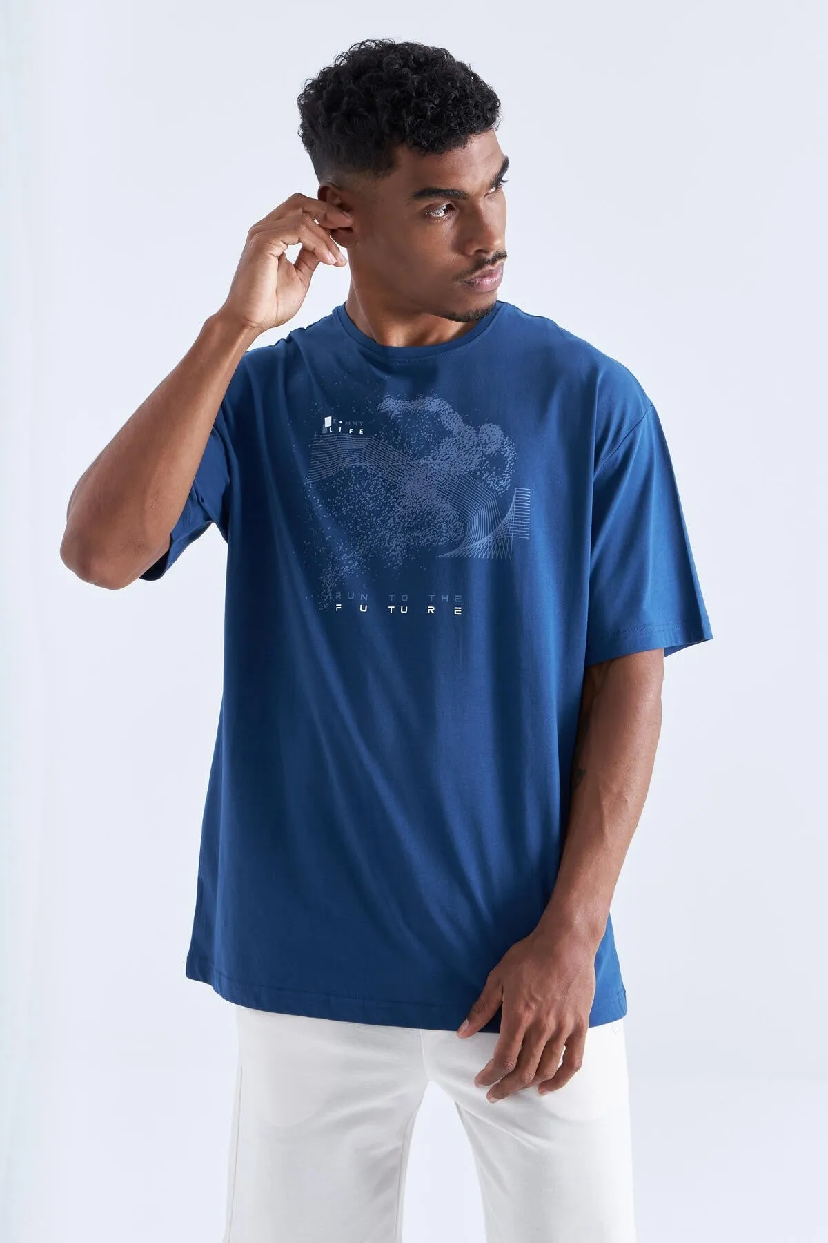 baski detayli o yaka erkek oversize t-shirt - 88093