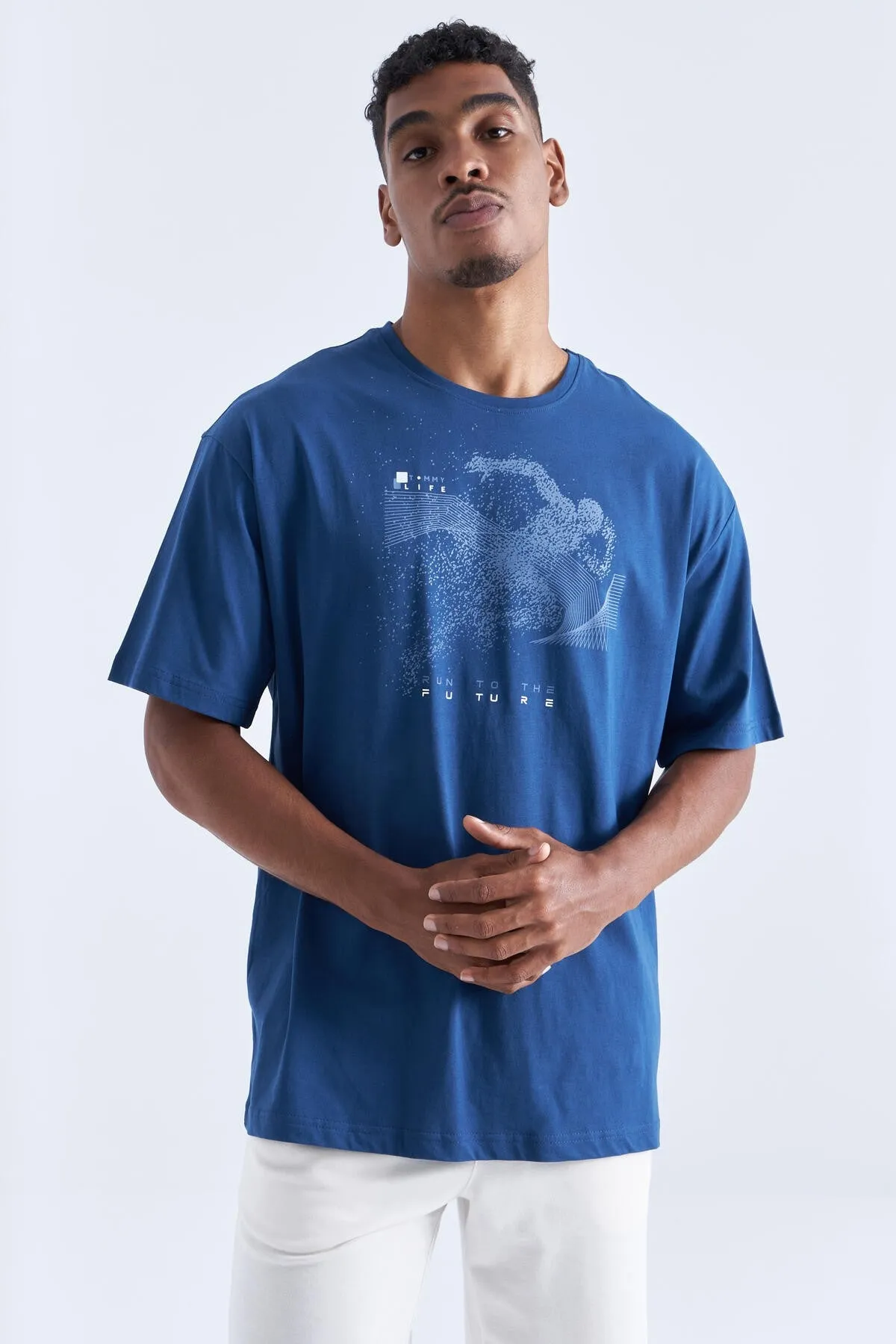 baski detayli o yaka erkek oversize t-shirt - 88093