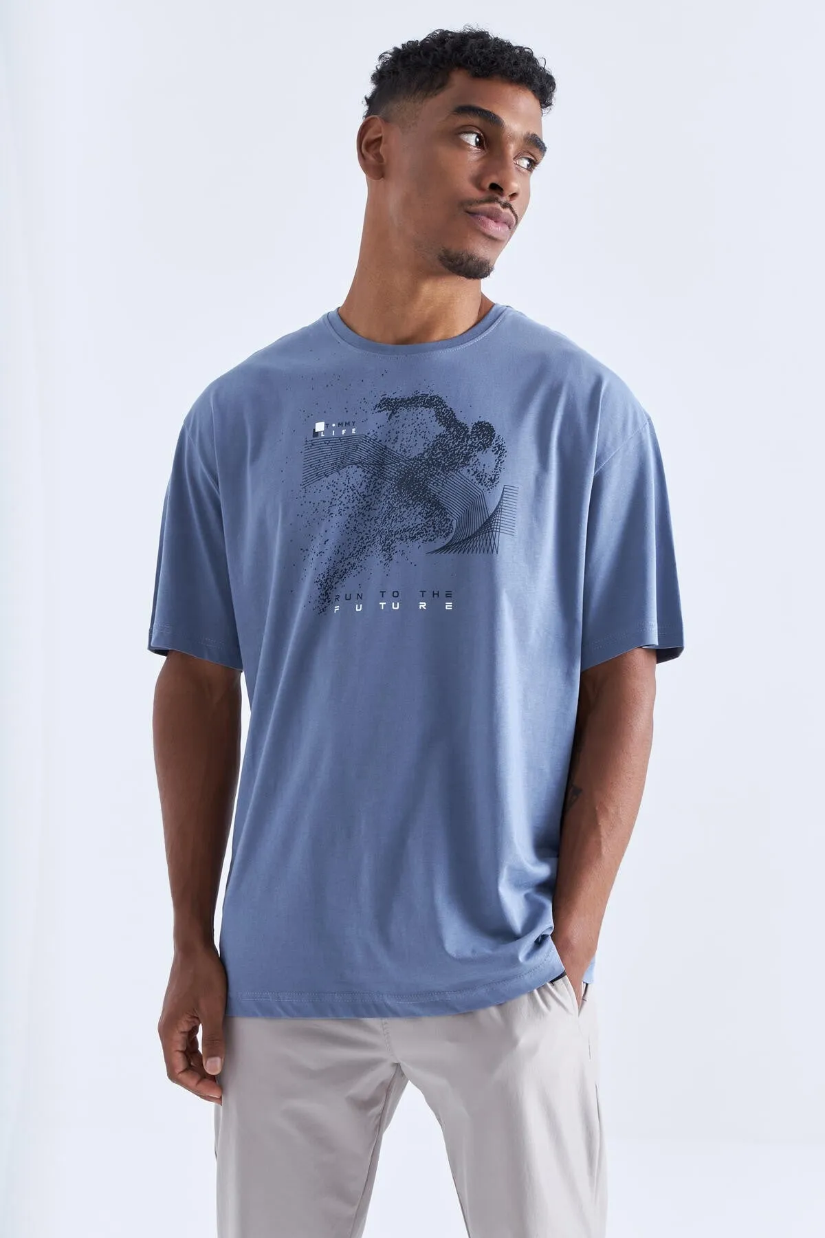 baski detayli o yaka erkek oversize t-shirt - 88093