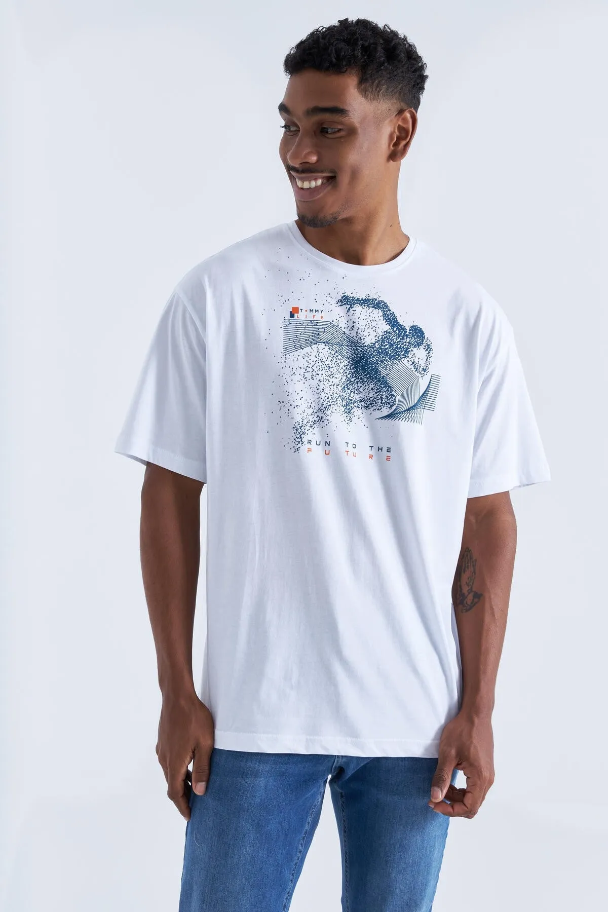 baski detayli o yaka erkek oversize t-shirt - 88093