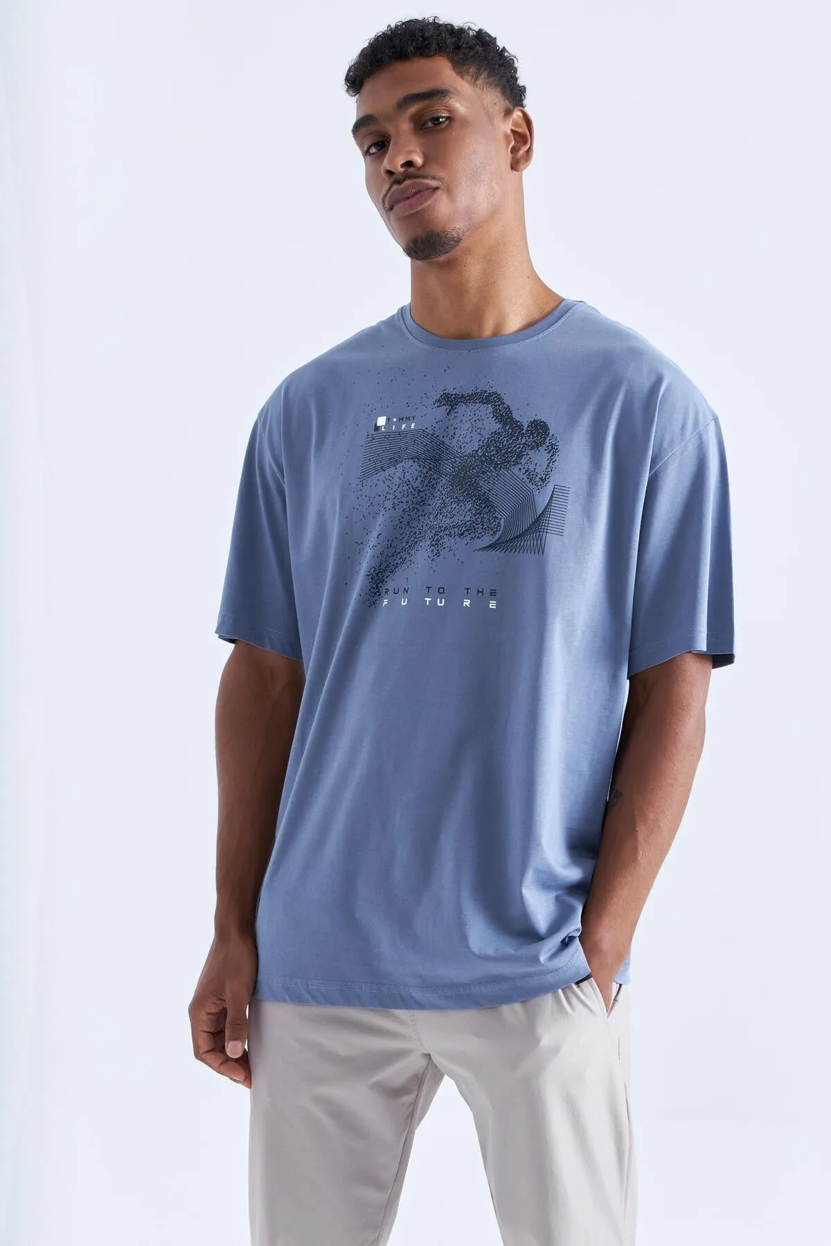 baski detayli o yaka erkek oversize t-shirt - 88093