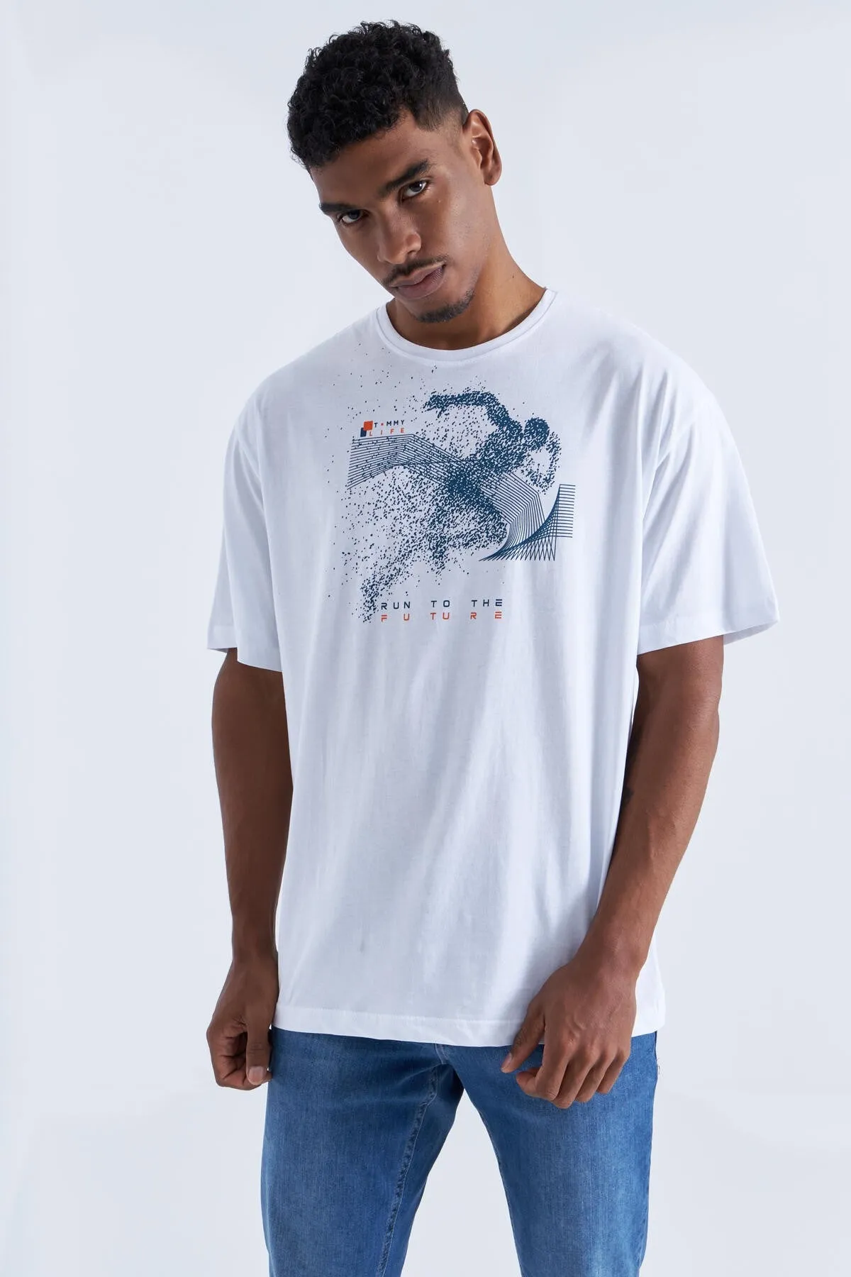 baski detayli o yaka erkek oversize t-shirt - 88093
