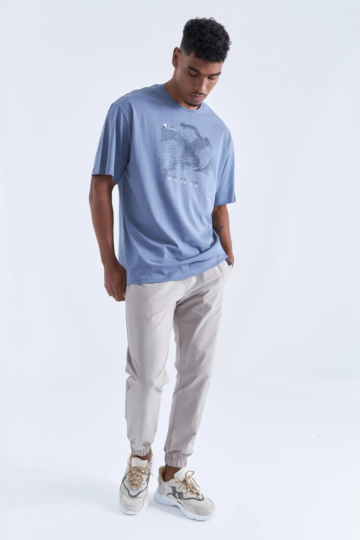 baski detayli o yaka erkek oversize t-shirt - 88093