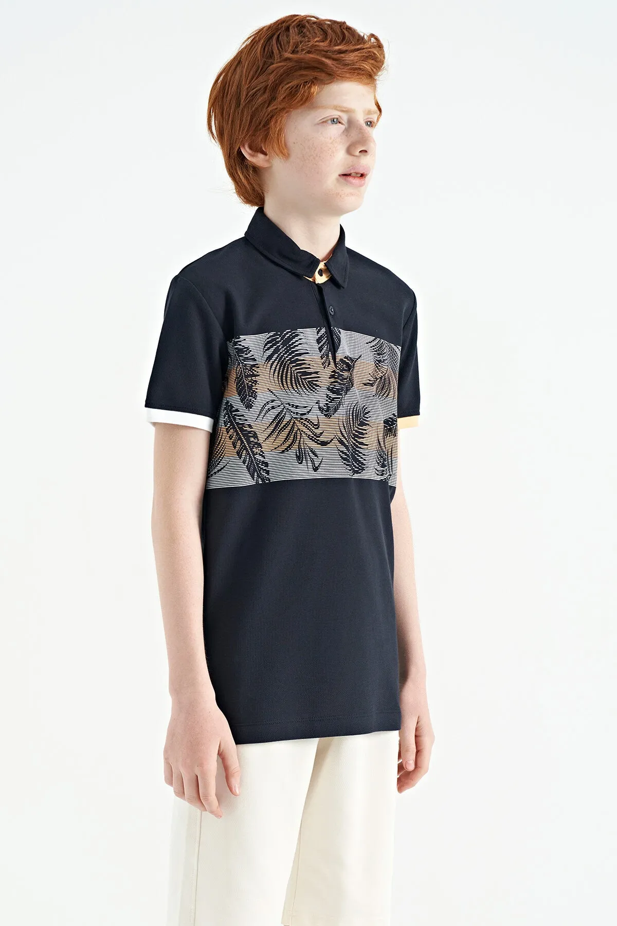 baski detayli standart kalip polo yaka erkek çocuk t-shirt - 11101