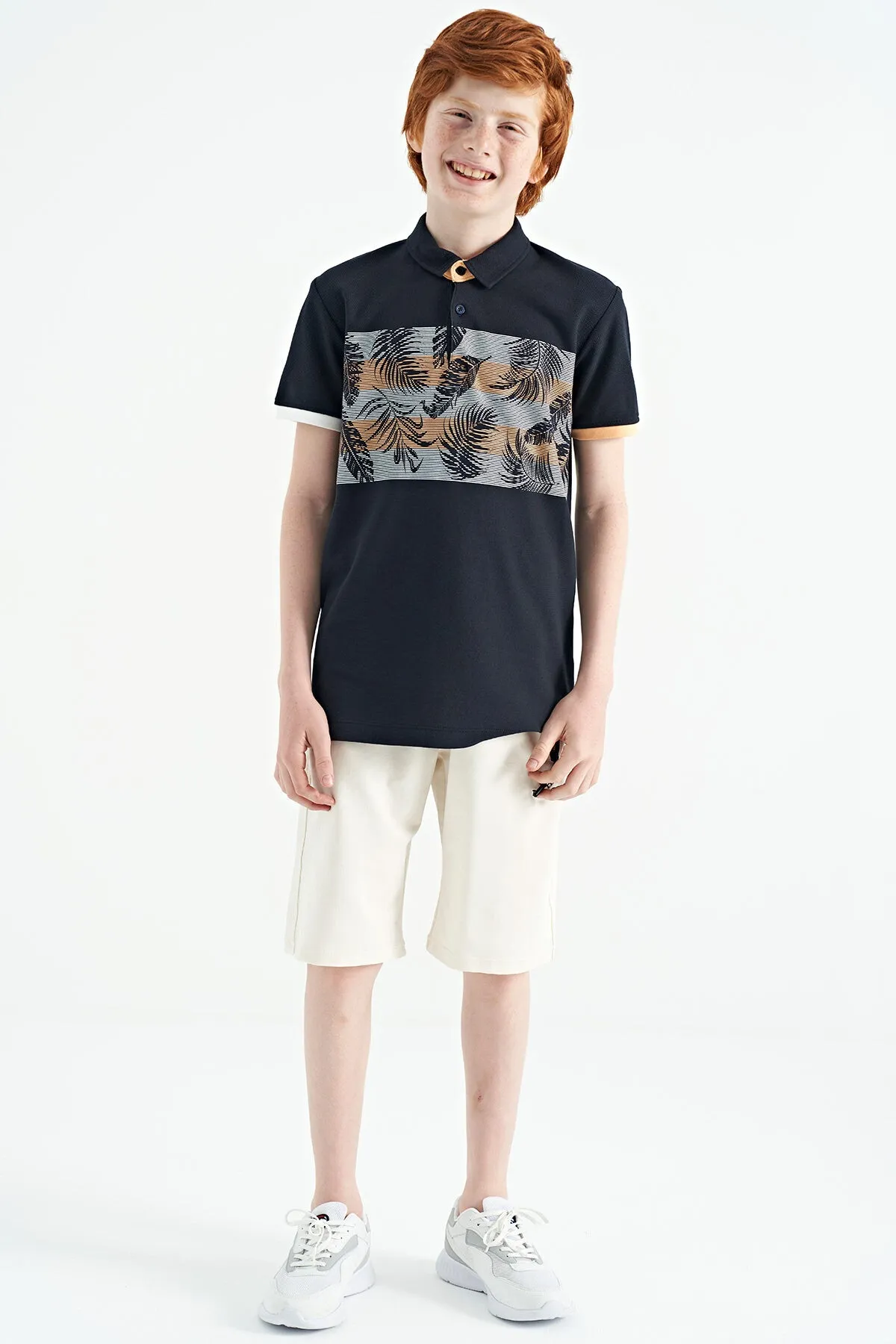 baski detayli standart kalip polo yaka erkek çocuk t-shirt - 11101