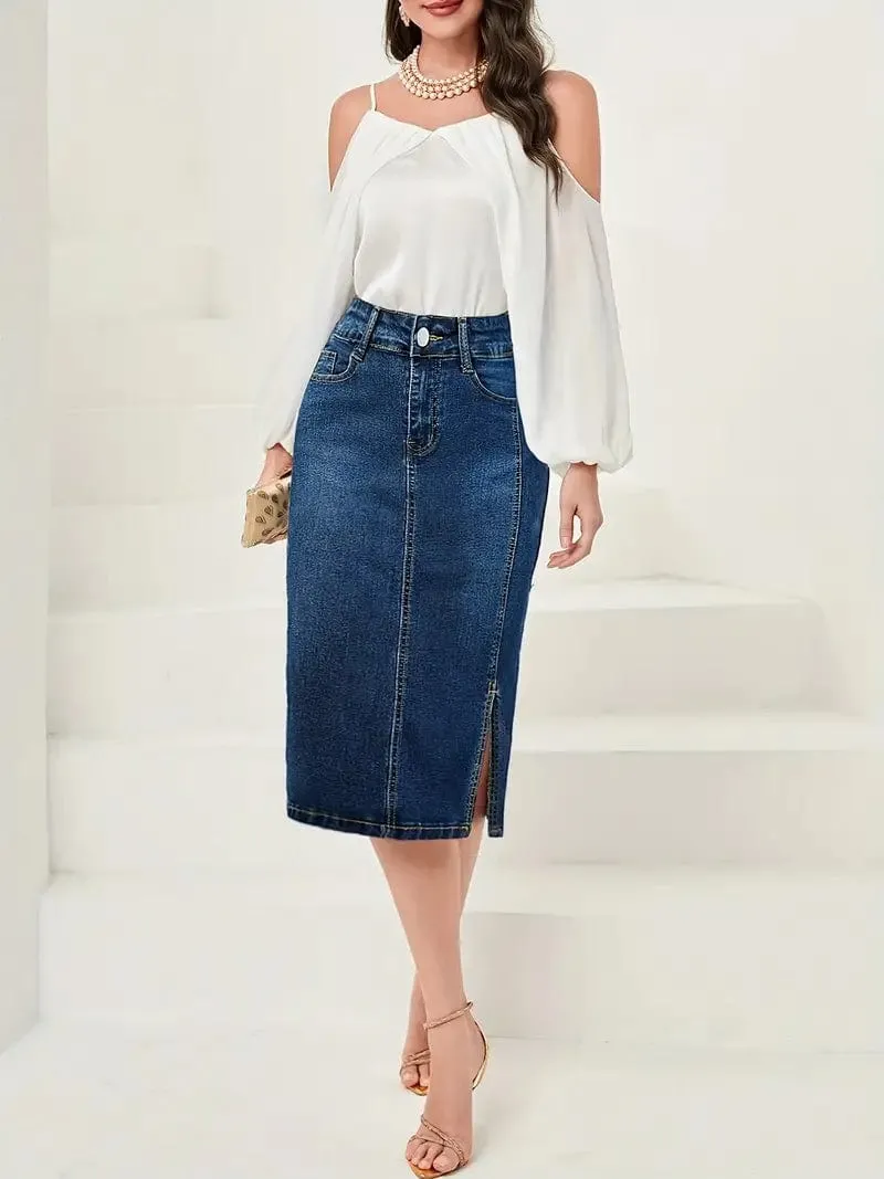 Blue Denim Skirt with Side Slit