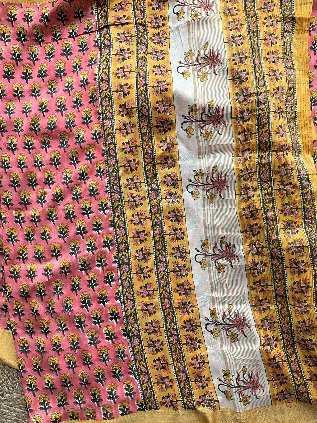Blush pink chanderi saree with yellow hand made blouse