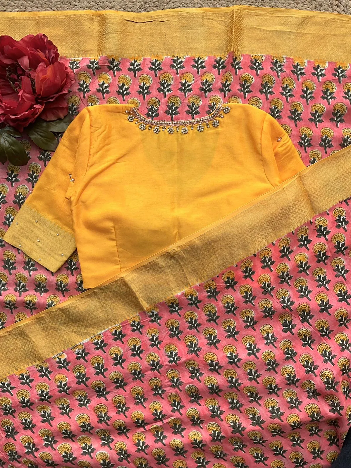 Blush pink chanderi saree with yellow hand made blouse