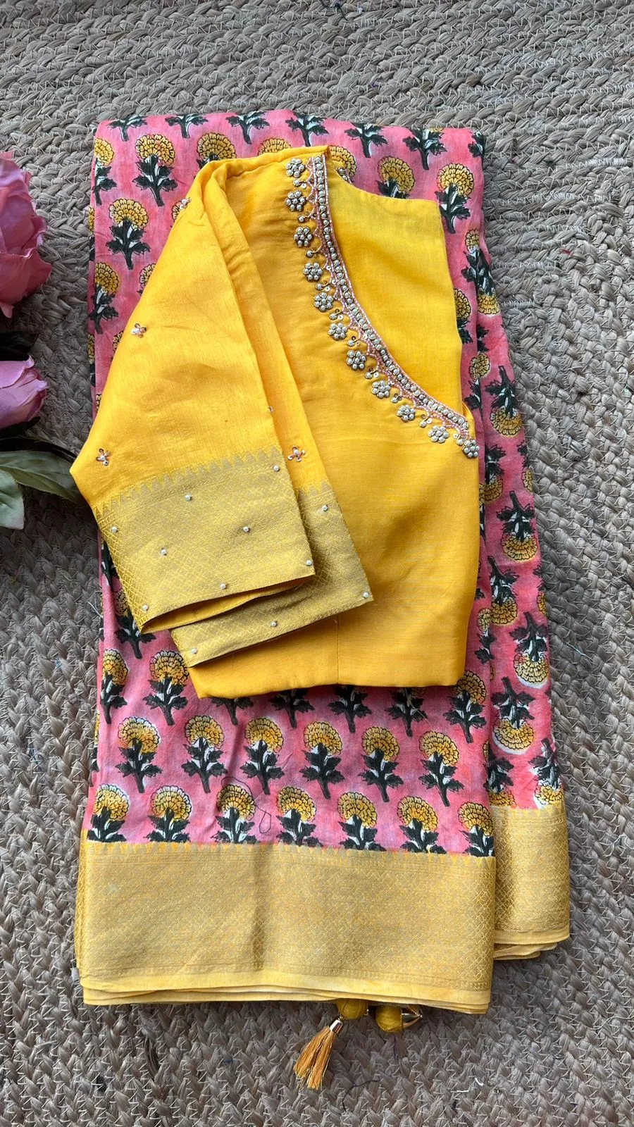 Blush pink chanderi saree with yellow hand made blouse