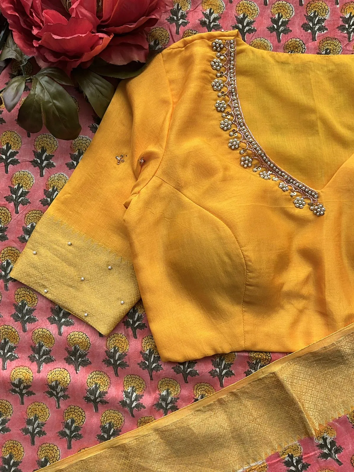 Blush pink chanderi saree with yellow hand made blouse