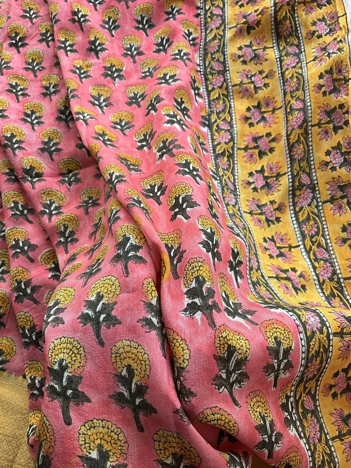 Blush pink chanderi saree with yellow hand made blouse