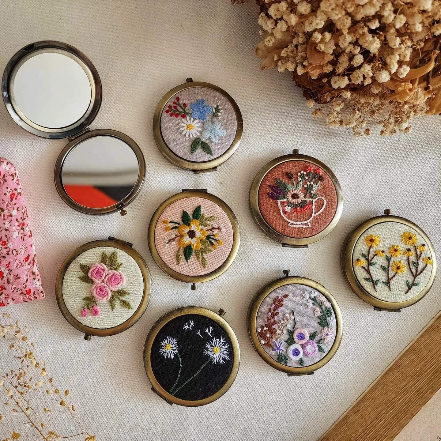 Dandelion Floral Embroidered Compact Mirror