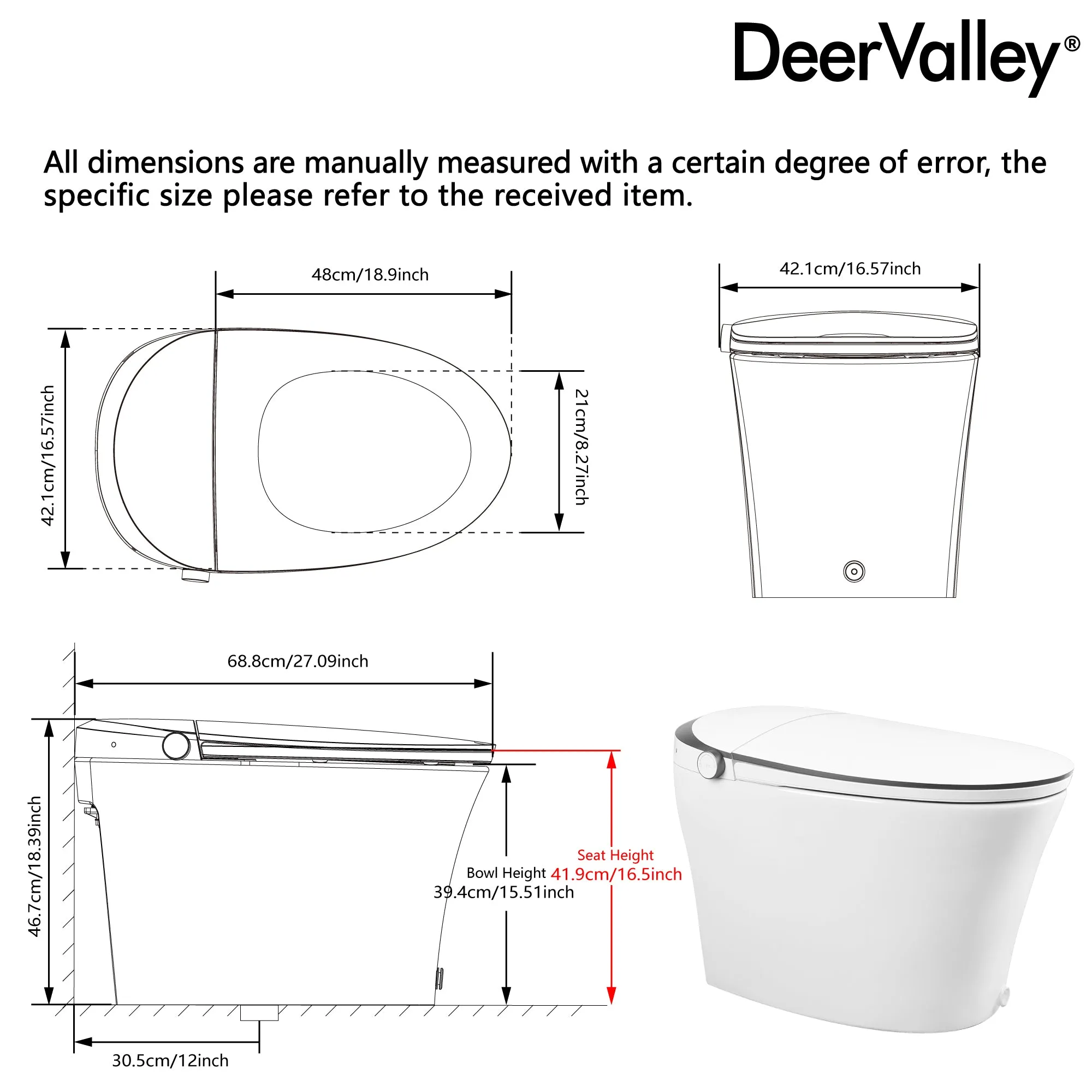 DeerValley DV-1S0019-V3 Smart Bidet Toilet Quiet-Closed Heated Seat Sensor Auto, Foot Kick & Blackout Flush, Warm Wash, Night Light