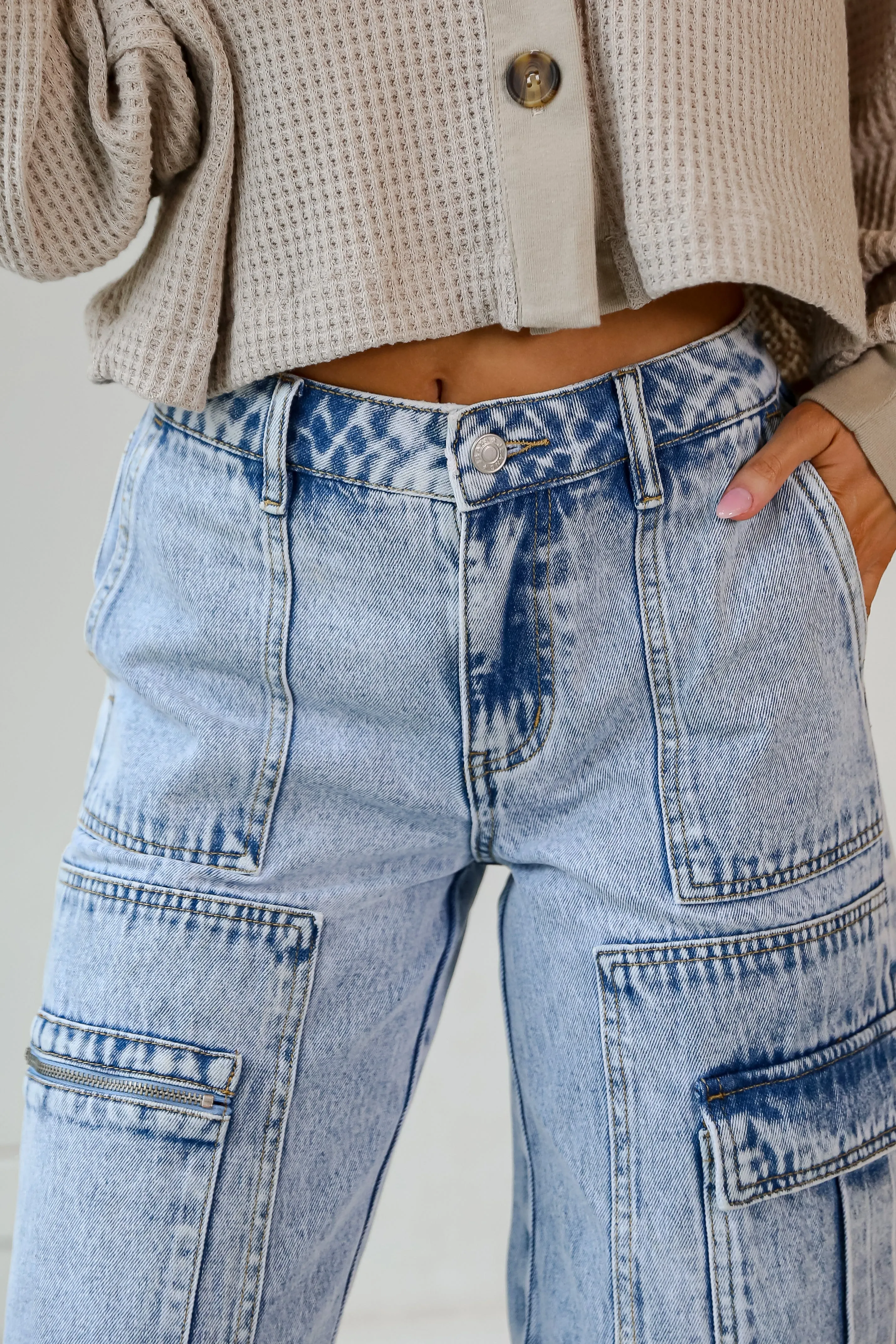 FINAL SALE - Day To Night Light Wash Acid Washed Cargo Jeans