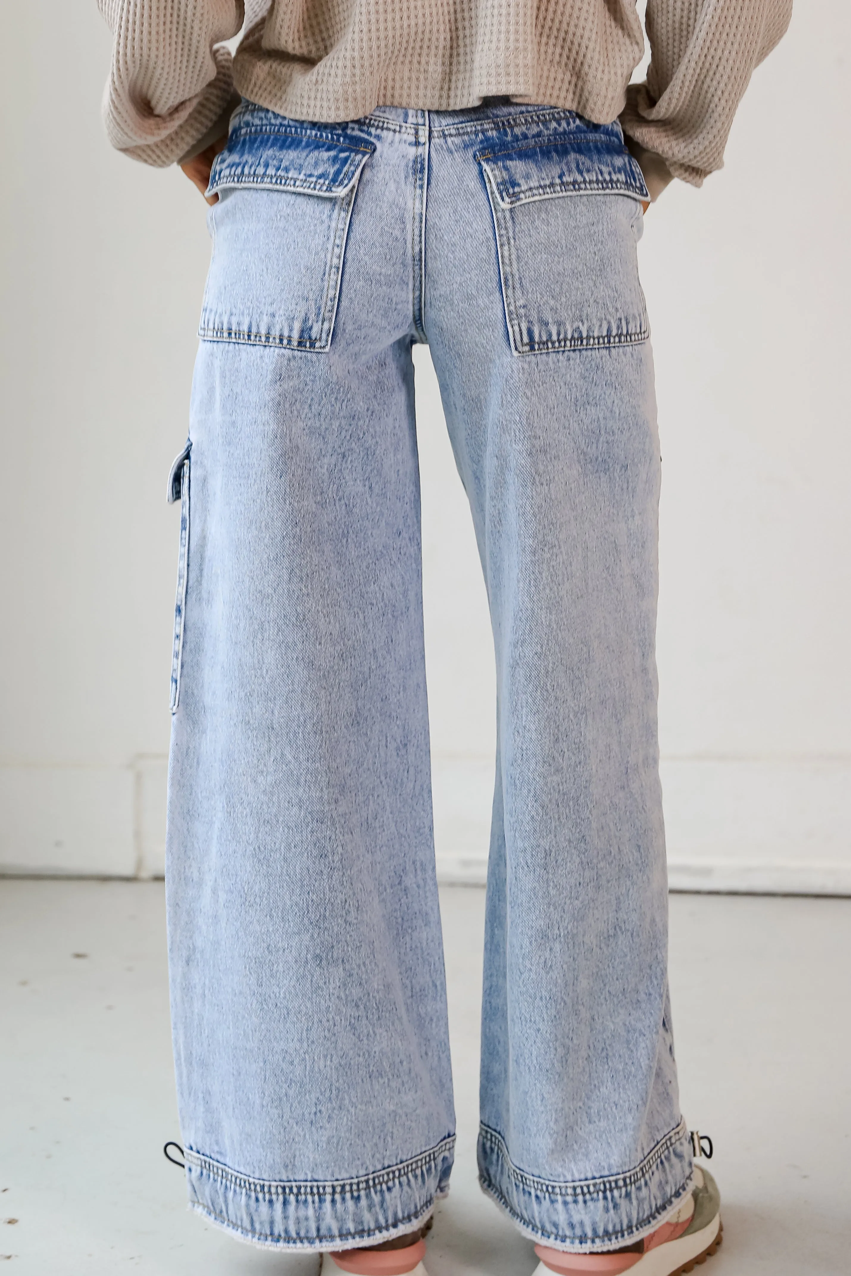 FINAL SALE - Day To Night Light Wash Acid Washed Cargo Jeans