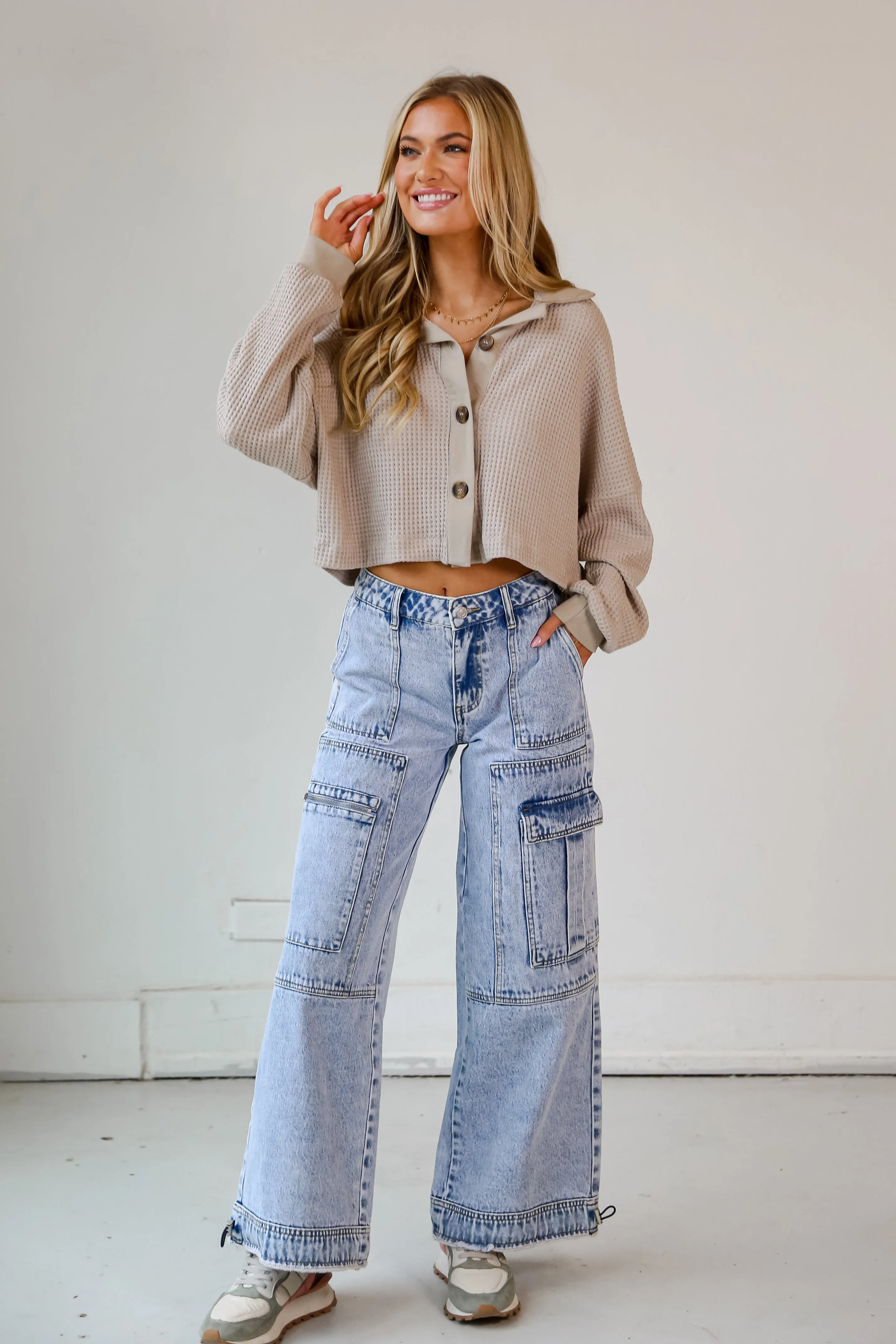 FINAL SALE - Day To Night Light Wash Acid Washed Cargo Jeans