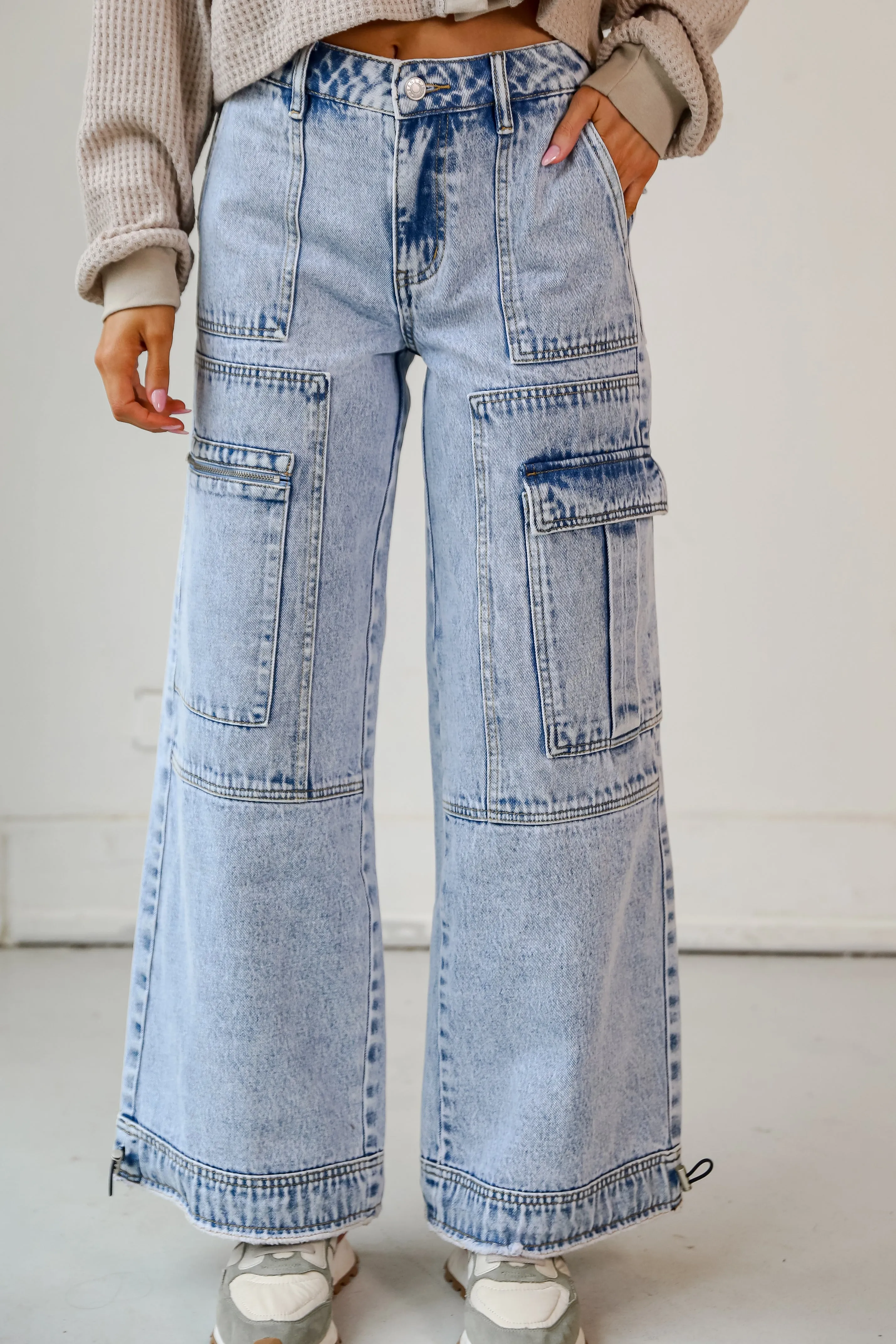 FINAL SALE - Day To Night Light Wash Acid Washed Cargo Jeans