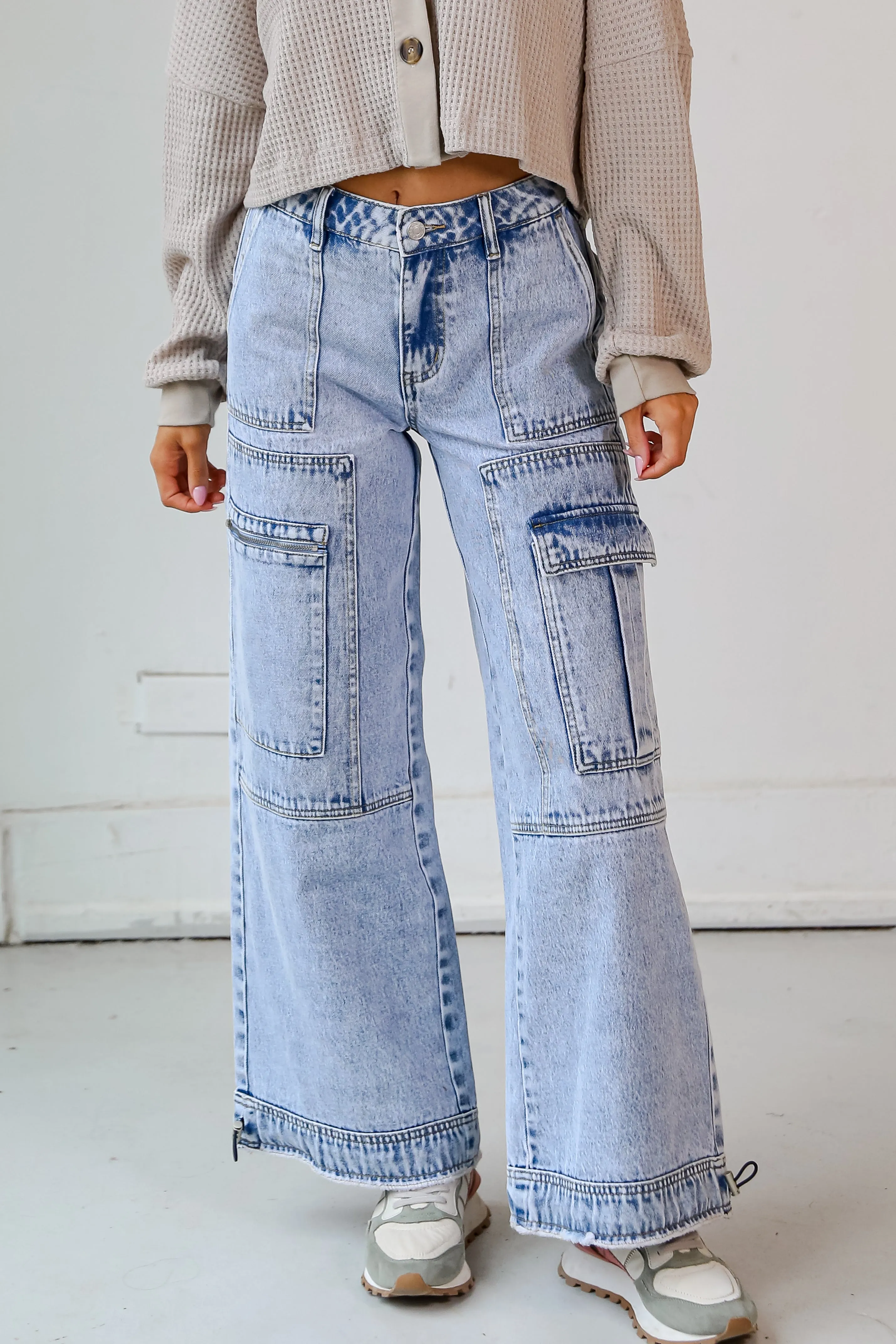 FINAL SALE - Day To Night Light Wash Acid Washed Cargo Jeans
