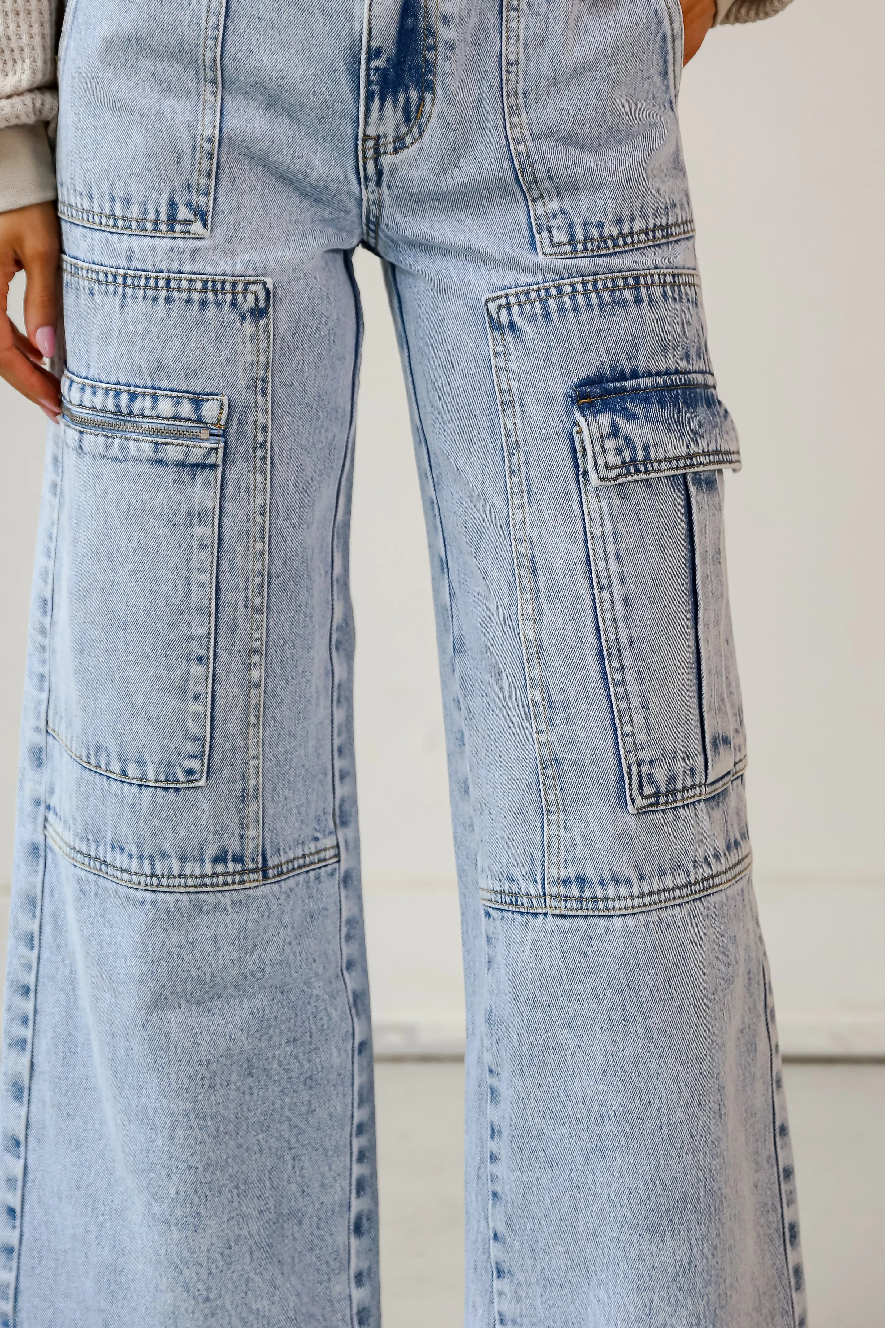 FINAL SALE - Day To Night Light Wash Acid Washed Cargo Jeans