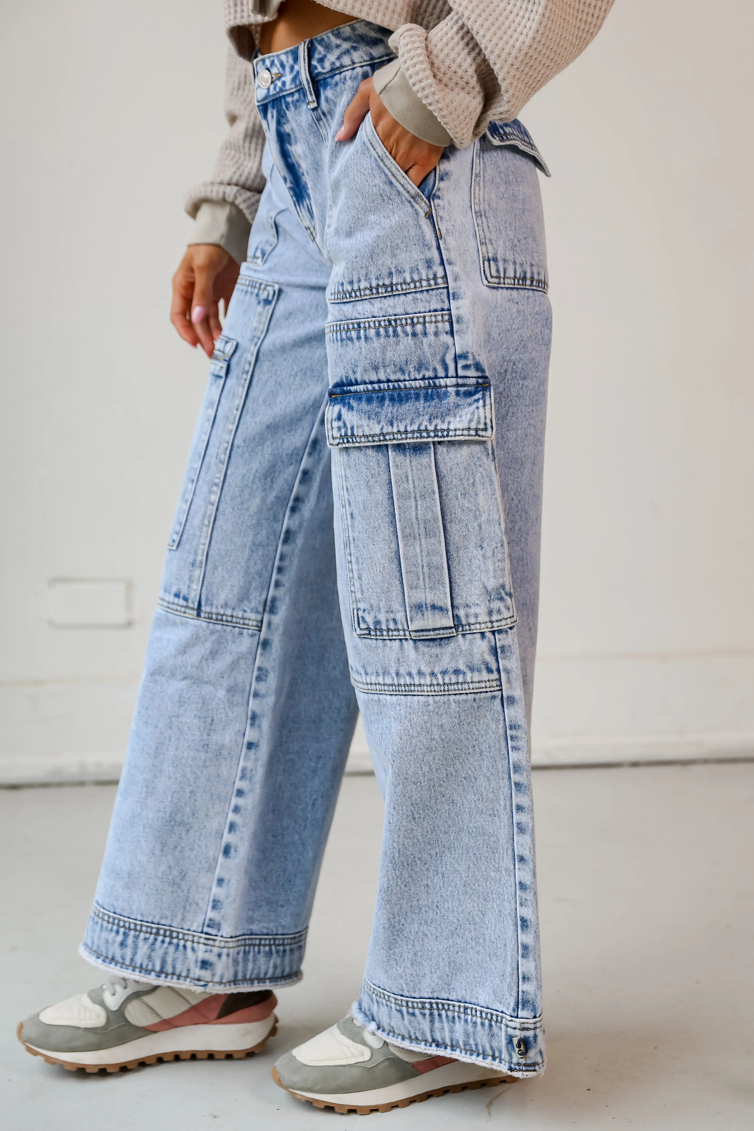 FINAL SALE - Day To Night Light Wash Acid Washed Cargo Jeans