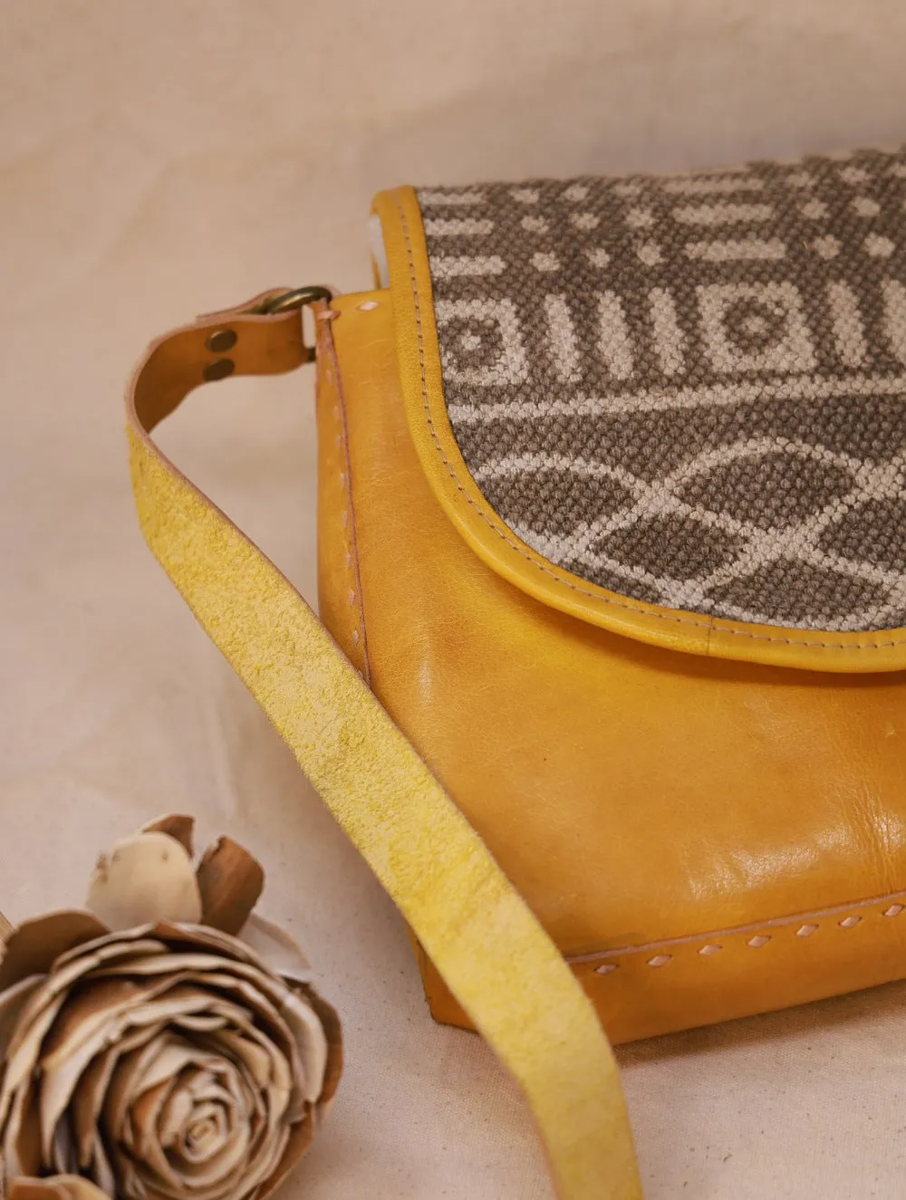 Handcrafted Jawaja Leather Sling Bag with Rug Patch - Grey & Yellow