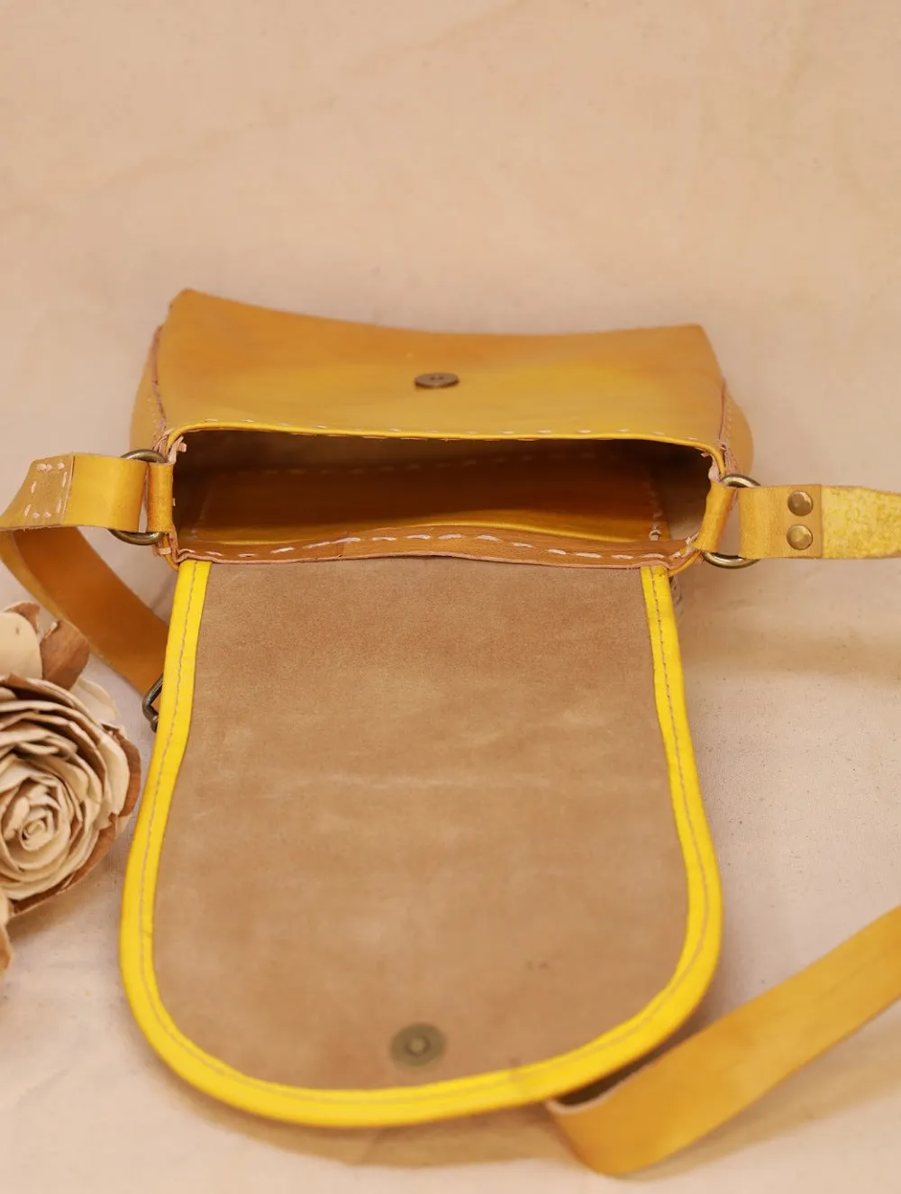 Handcrafted Jawaja Leather Sling Bag with Rug Patch - Grey & Yellow