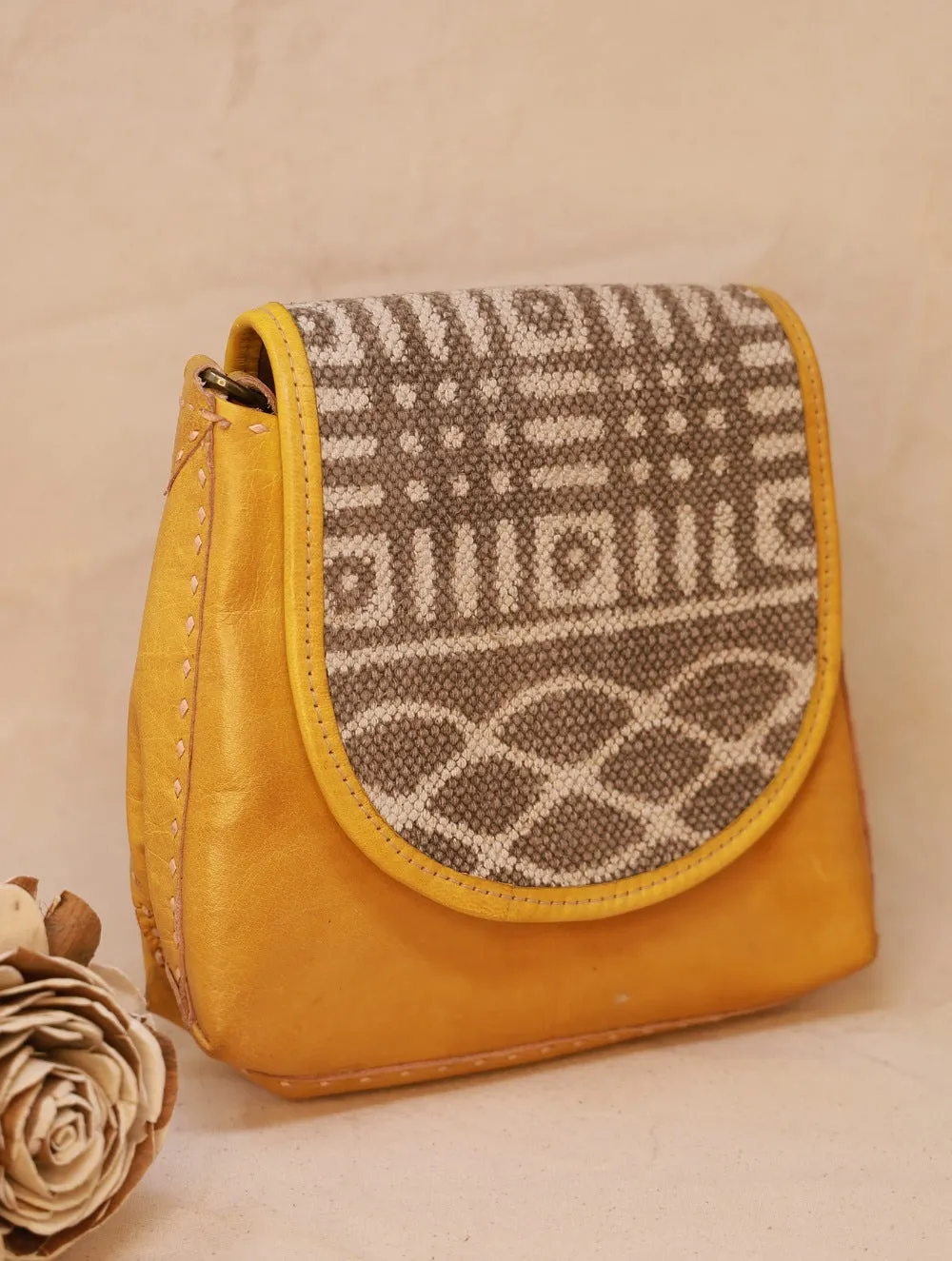 Handcrafted Jawaja Leather Sling Bag with Rug Patch - Grey & Yellow