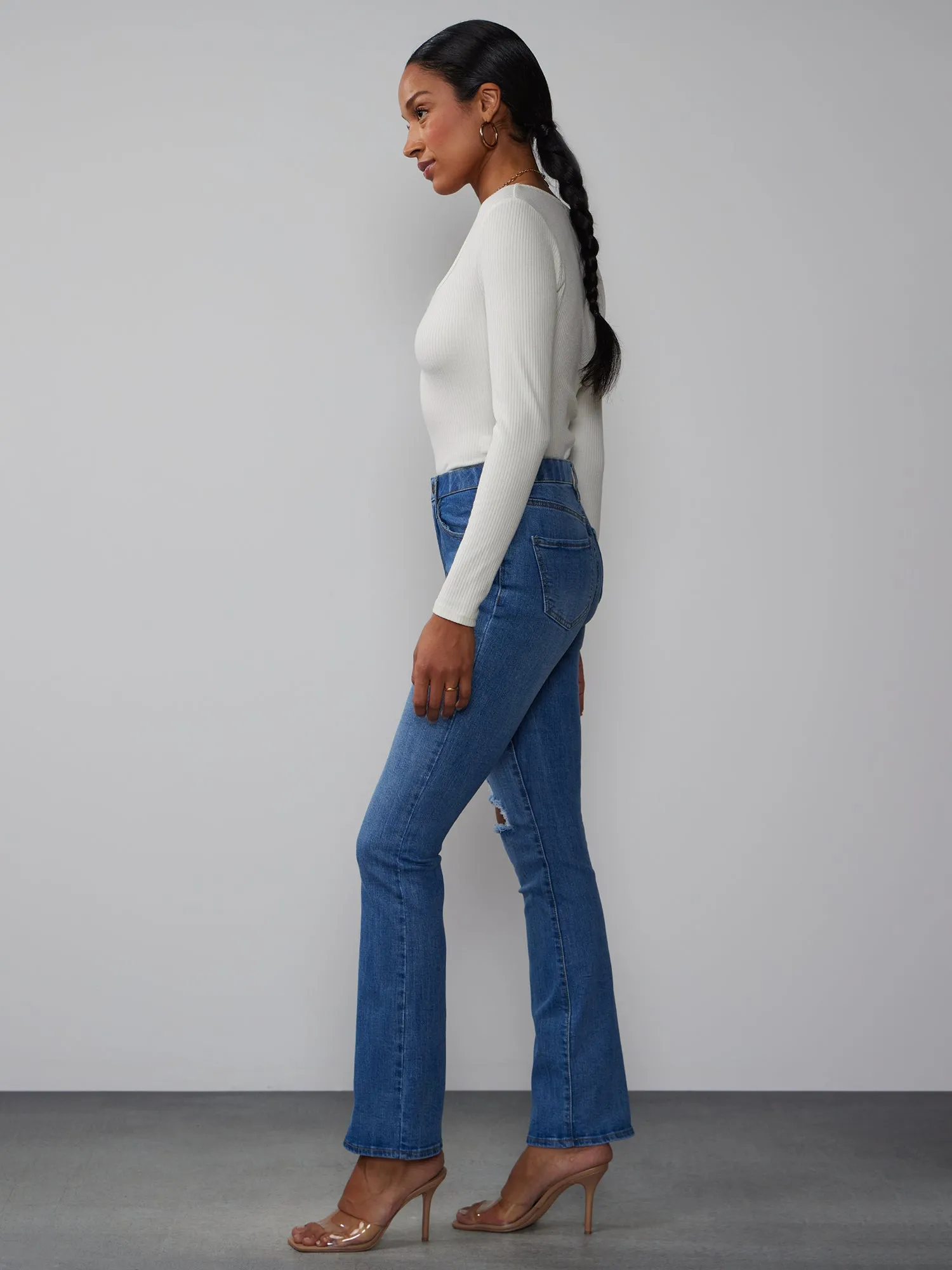 High Rise Ripped Knee Bootcut Jeans