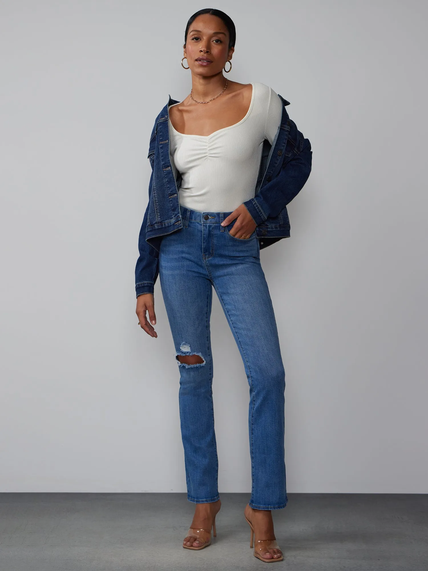High Rise Ripped Knee Bootcut Jeans