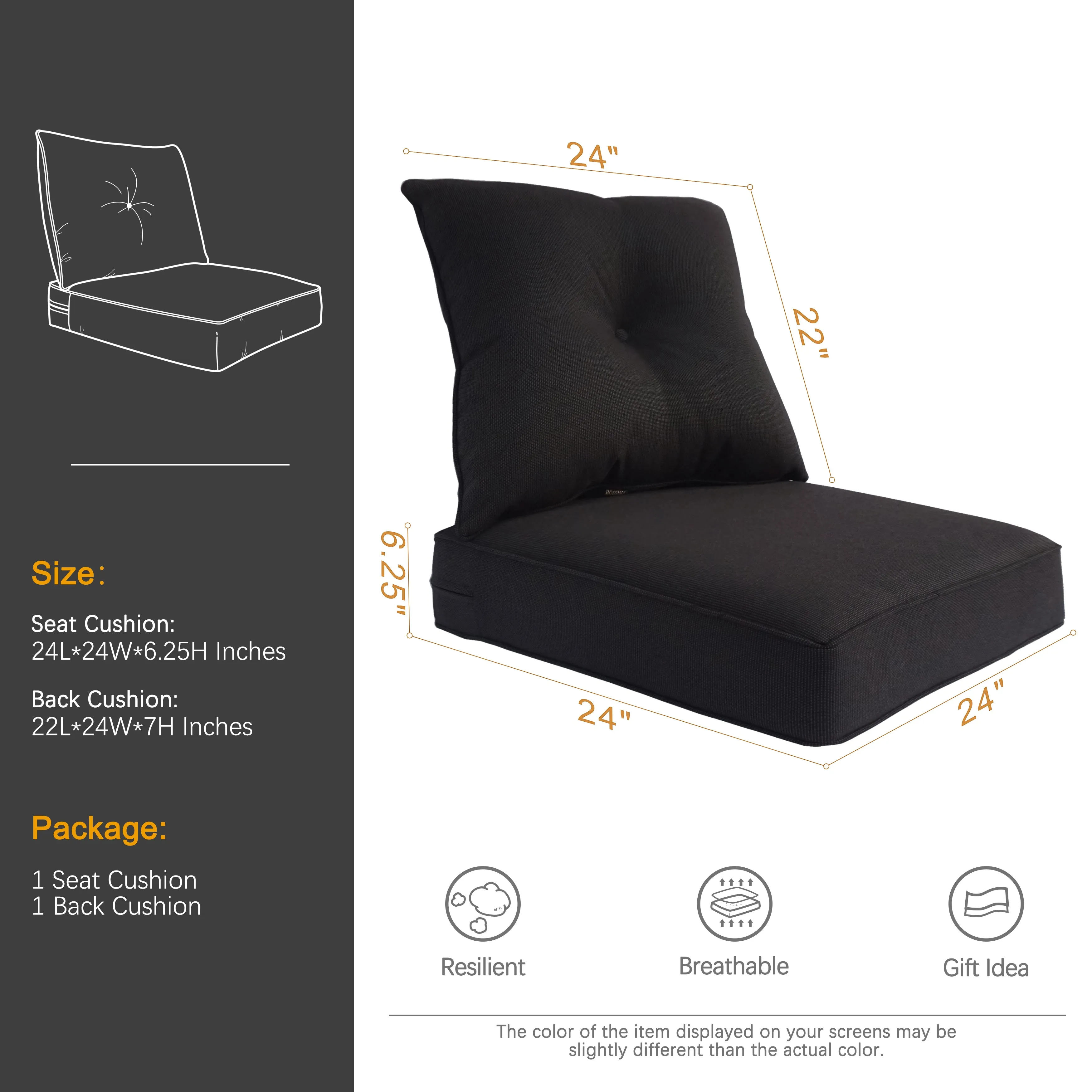 Indoor/Outdoor Deep Seat Chair Cushion Set, 1 Seat Cushion and 1 Back Cushion Olefin Navy Blue