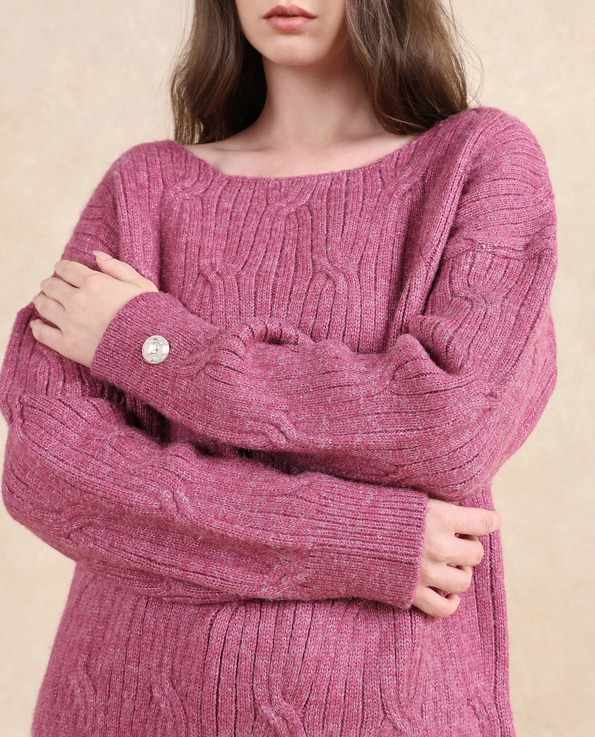 Rareism Women Floran Pink Oversized Fit Plain Sweater