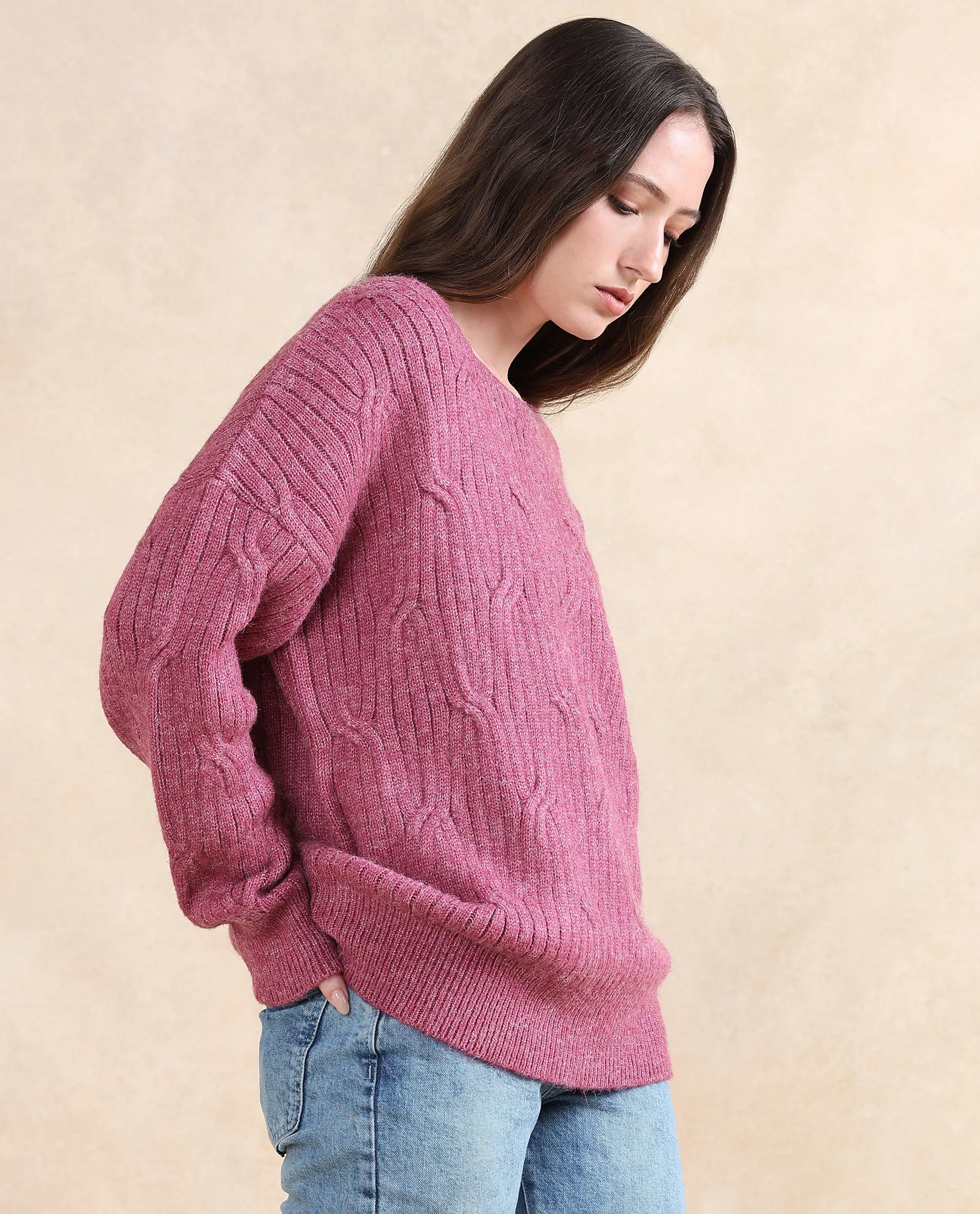 Rareism Women Floran Pink Oversized Fit Plain Sweater