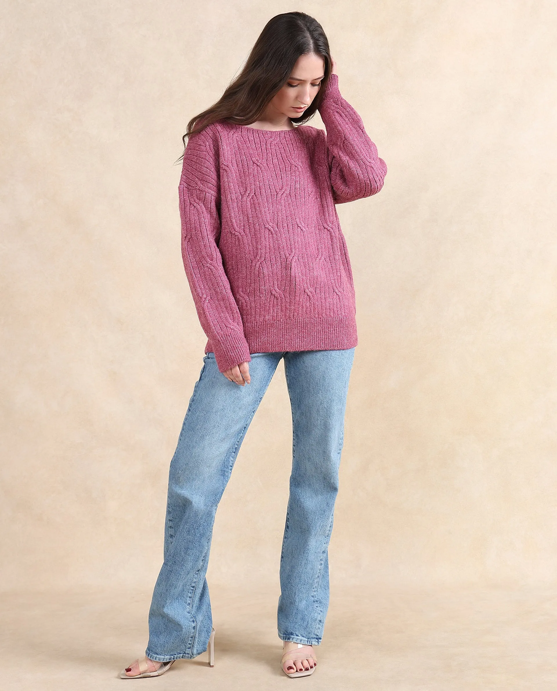 Rareism Women Floran Pink Oversized Fit Plain Sweater