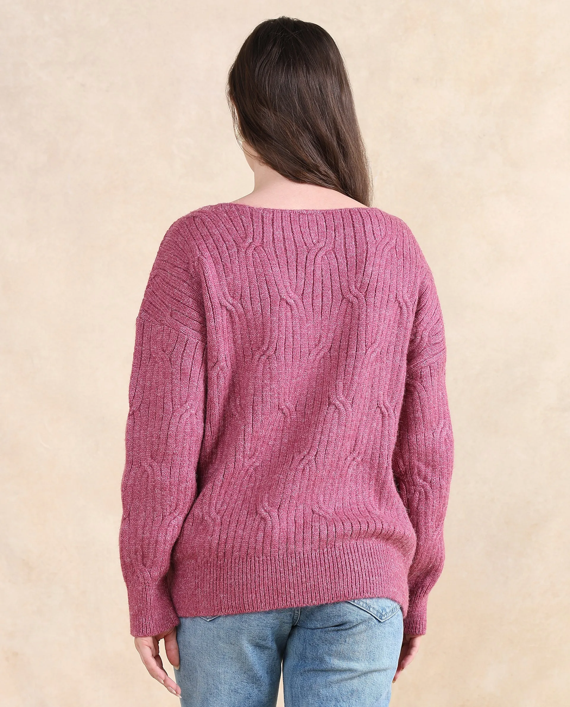 Rareism Women Floran Pink Oversized Fit Plain Sweater