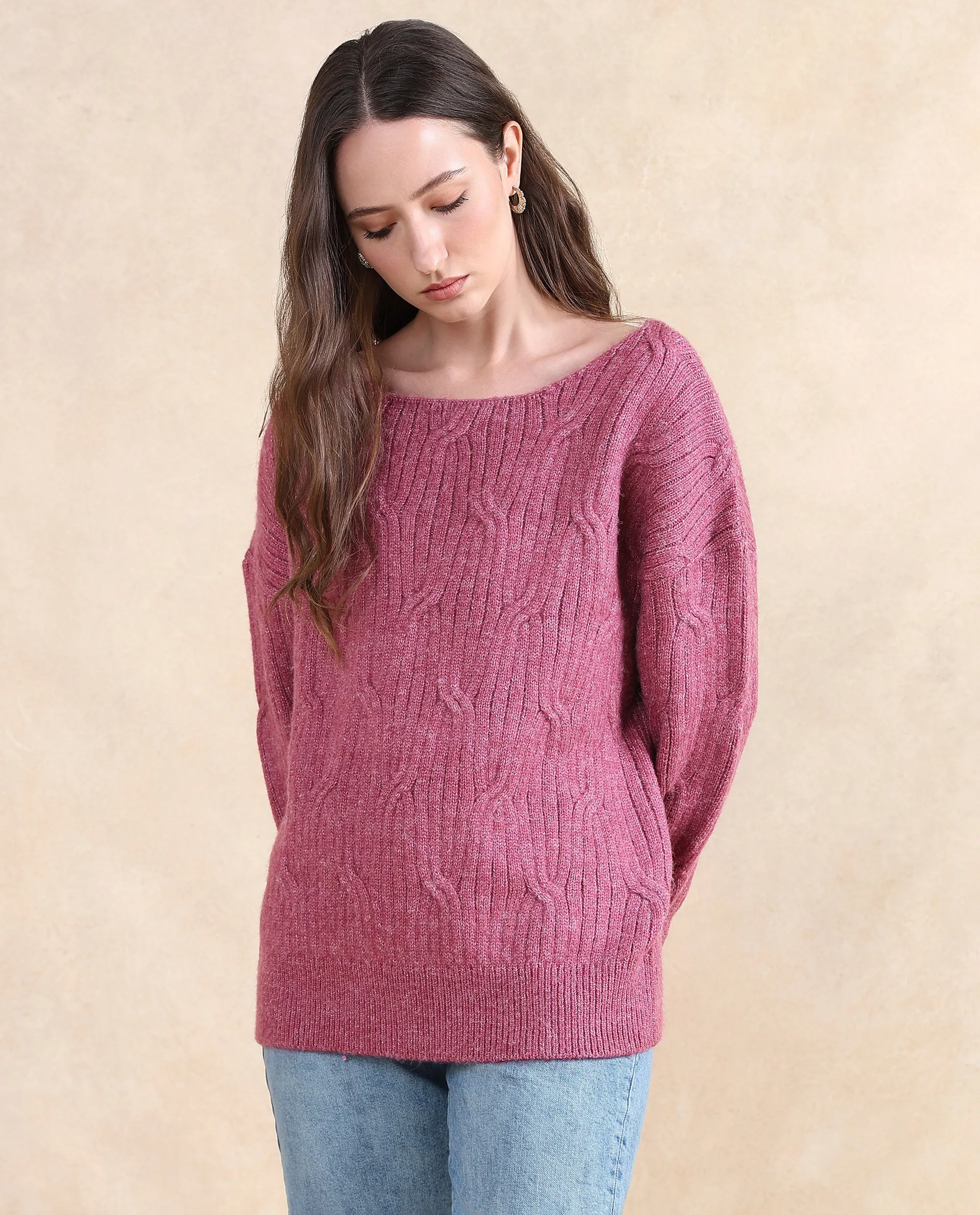 Rareism Women Floran Pink Oversized Fit Plain Sweater