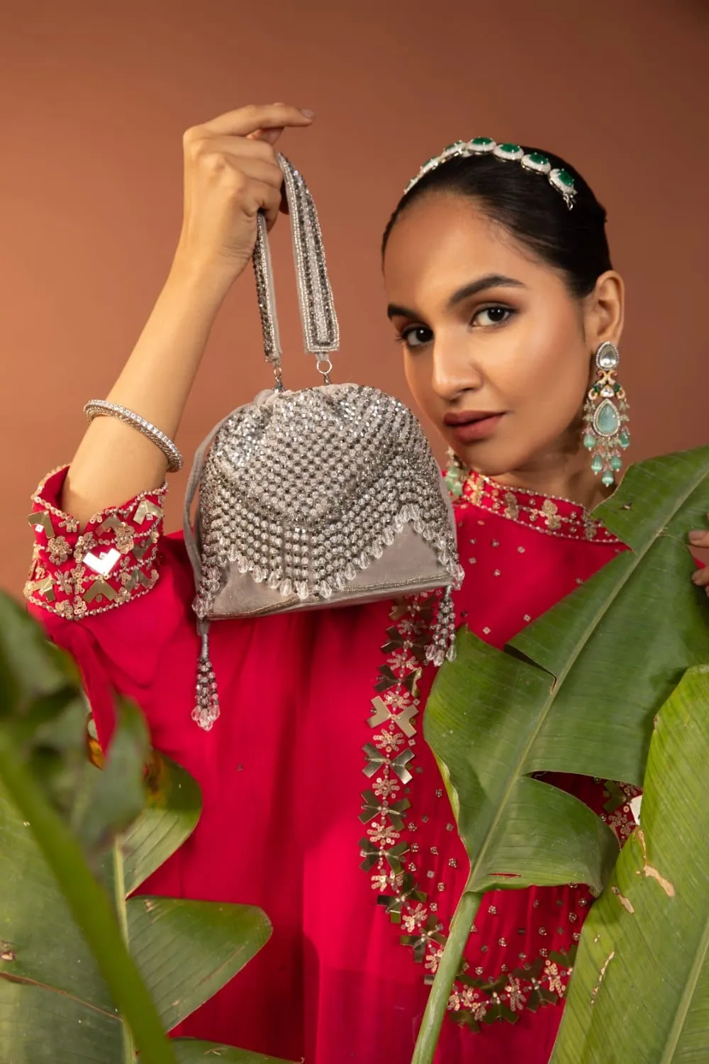 Silver Opal Potli With Handle, Embellished Ethnic Design