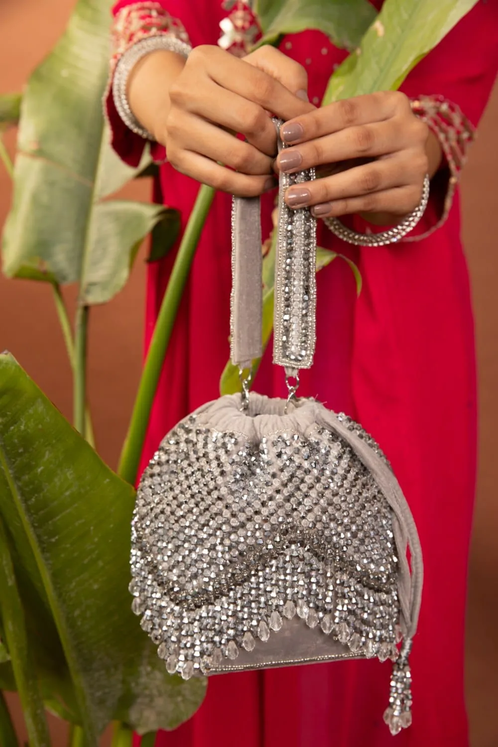 Silver Opal Potli With Handle, Embellished Ethnic Design