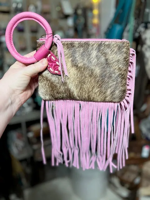 Trinity Ranch Genuine Hair-On Cowhide Ring Handle Wristlet Clutch Bag