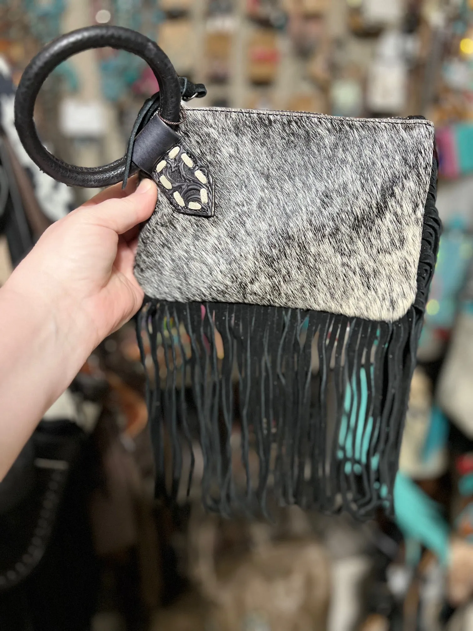 Trinity Ranch Genuine Hair-On Cowhide Ring Handle Wristlet Clutch Bag