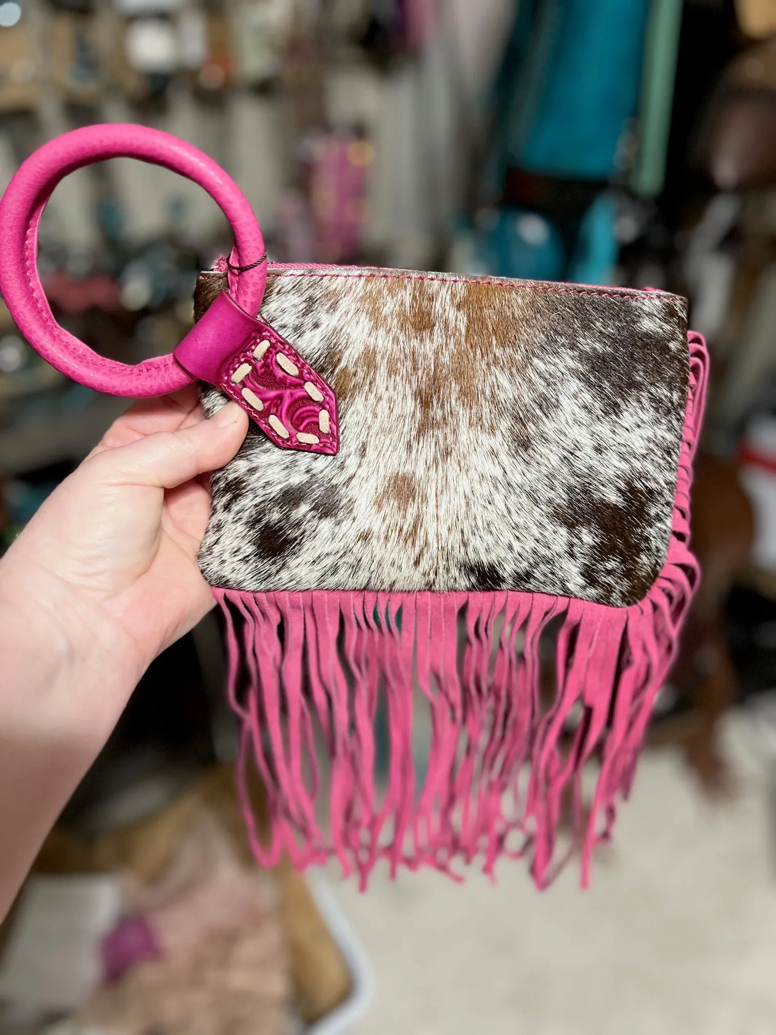Trinity Ranch Genuine Hair-On Cowhide Ring Handle Wristlet Clutch Bag