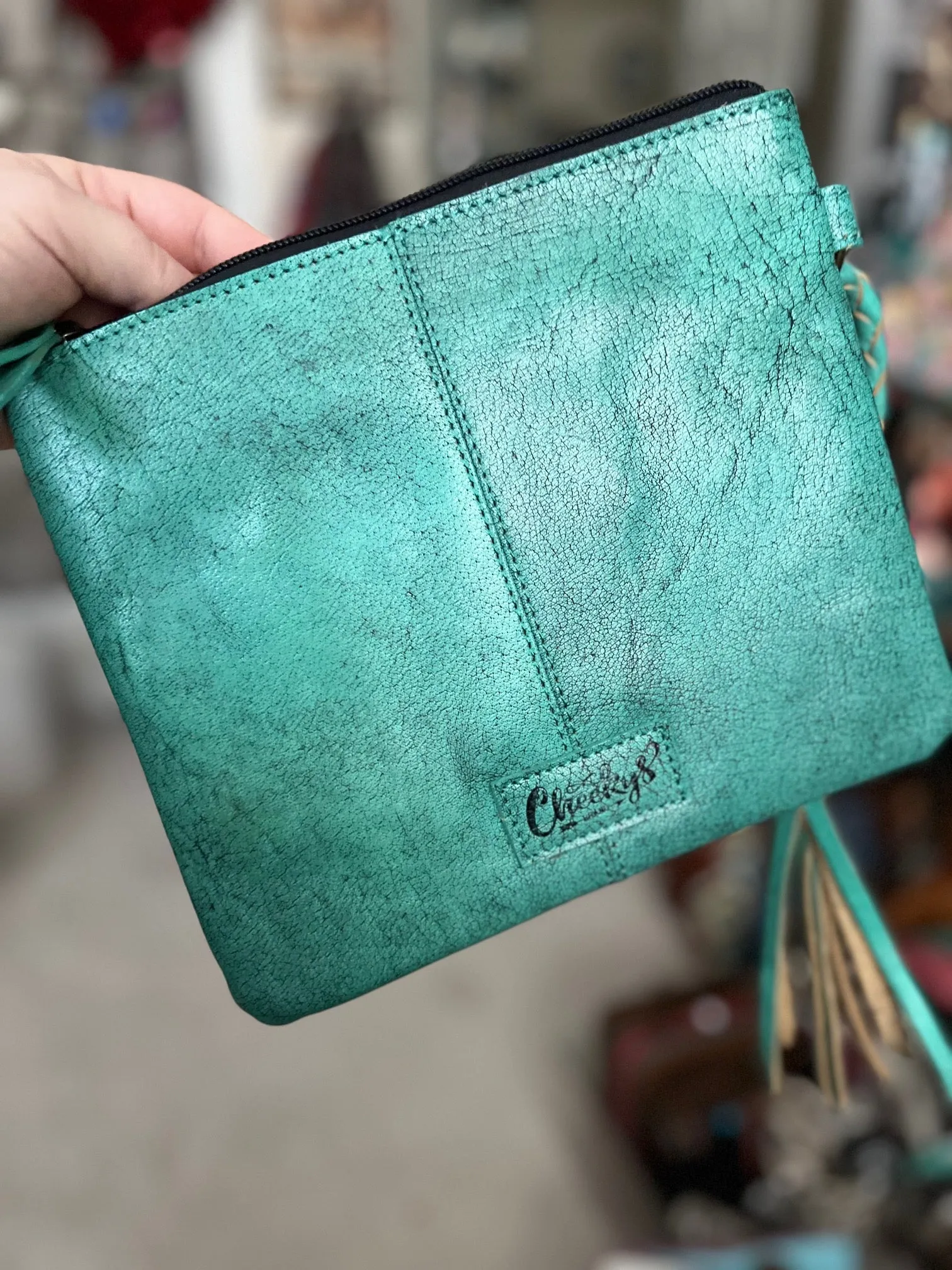 Western Themed Oversized Wristlets/Handbag with Braided Leather Tassel Handle