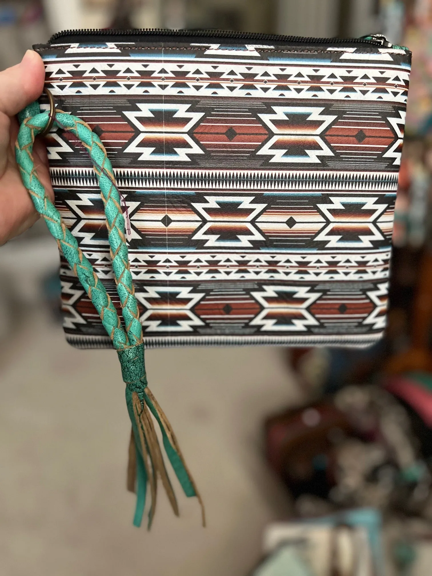 Western Themed Oversized Wristlets/Handbag with Braided Leather Tassel Handle