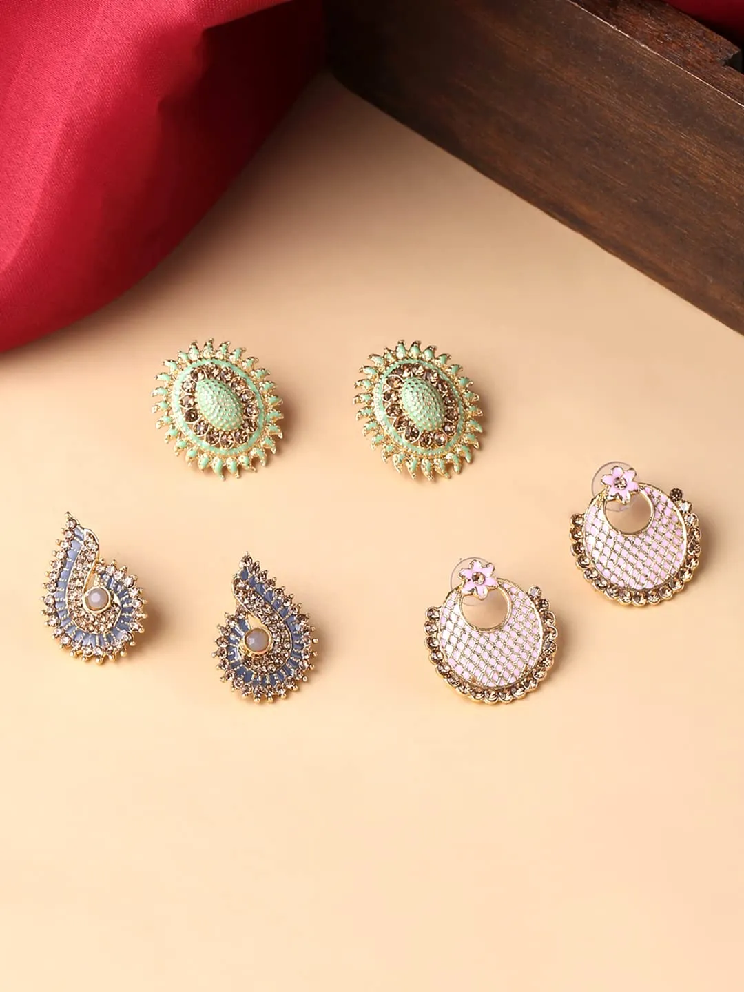 Yellow Chimes Stud Earrings for Women Set of 3 Pairs Gold-Plated Studded Stone Multicolor Stud Earrings For Women and Girls