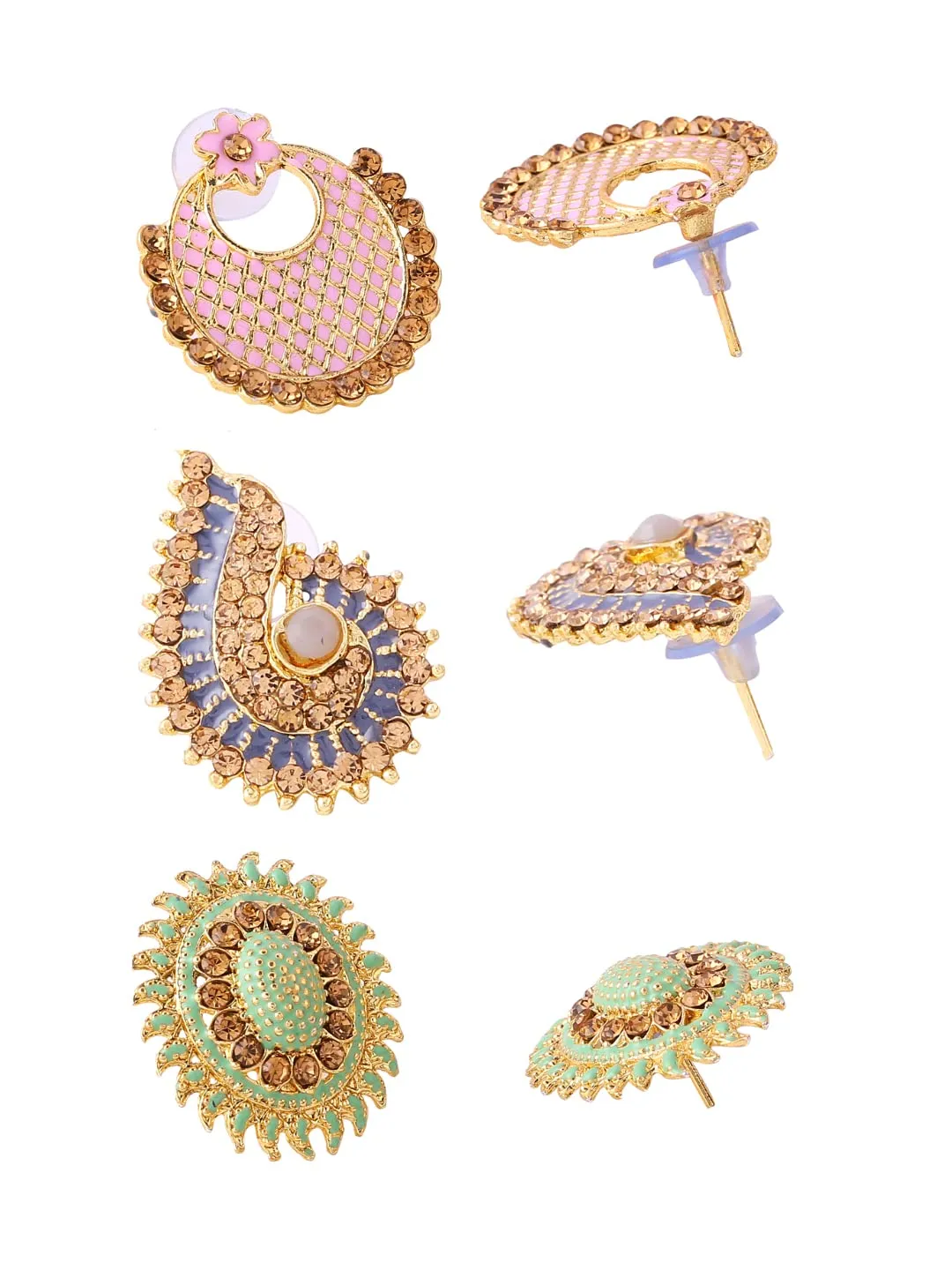Yellow Chimes Stud Earrings for Women Set of 3 Pairs Gold-Plated Studded Stone Multicolor Stud Earrings For Women and Girls