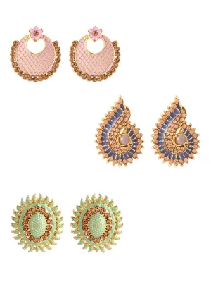 Yellow Chimes Stud Earrings for Women Set of 3 Pairs Gold-Plated Studded Stone Multicolor Stud Earrings For Women and Girls